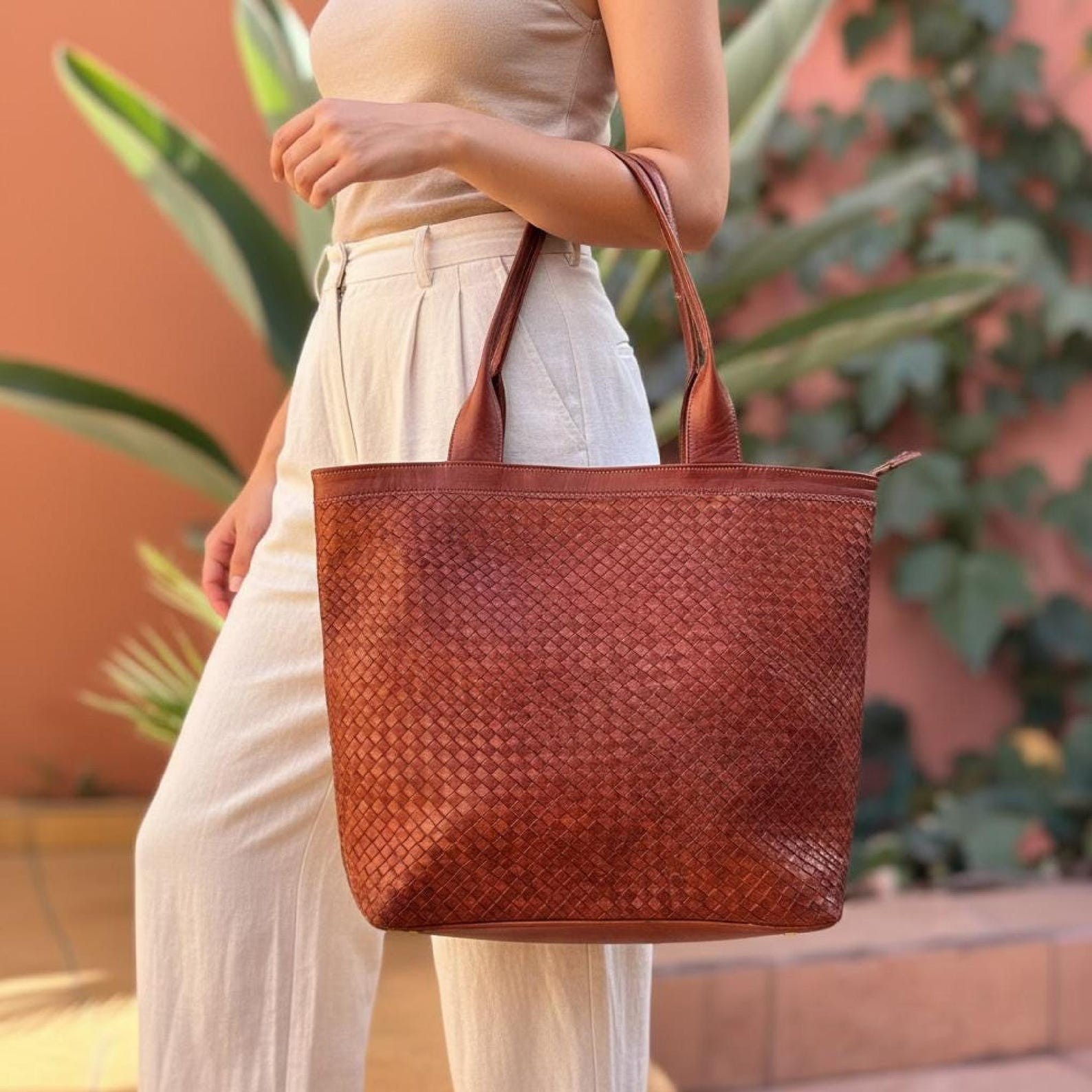 Handmade Moroccan Leather Bag | Braided Leather Tote | Marrakech Artisan Bag | L