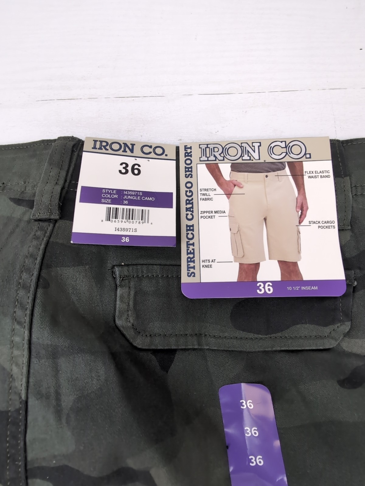 Iron Co Stretch Cargo Shorts Regular Fit Cotton Blend Jungle Camo Sz 36 BR1