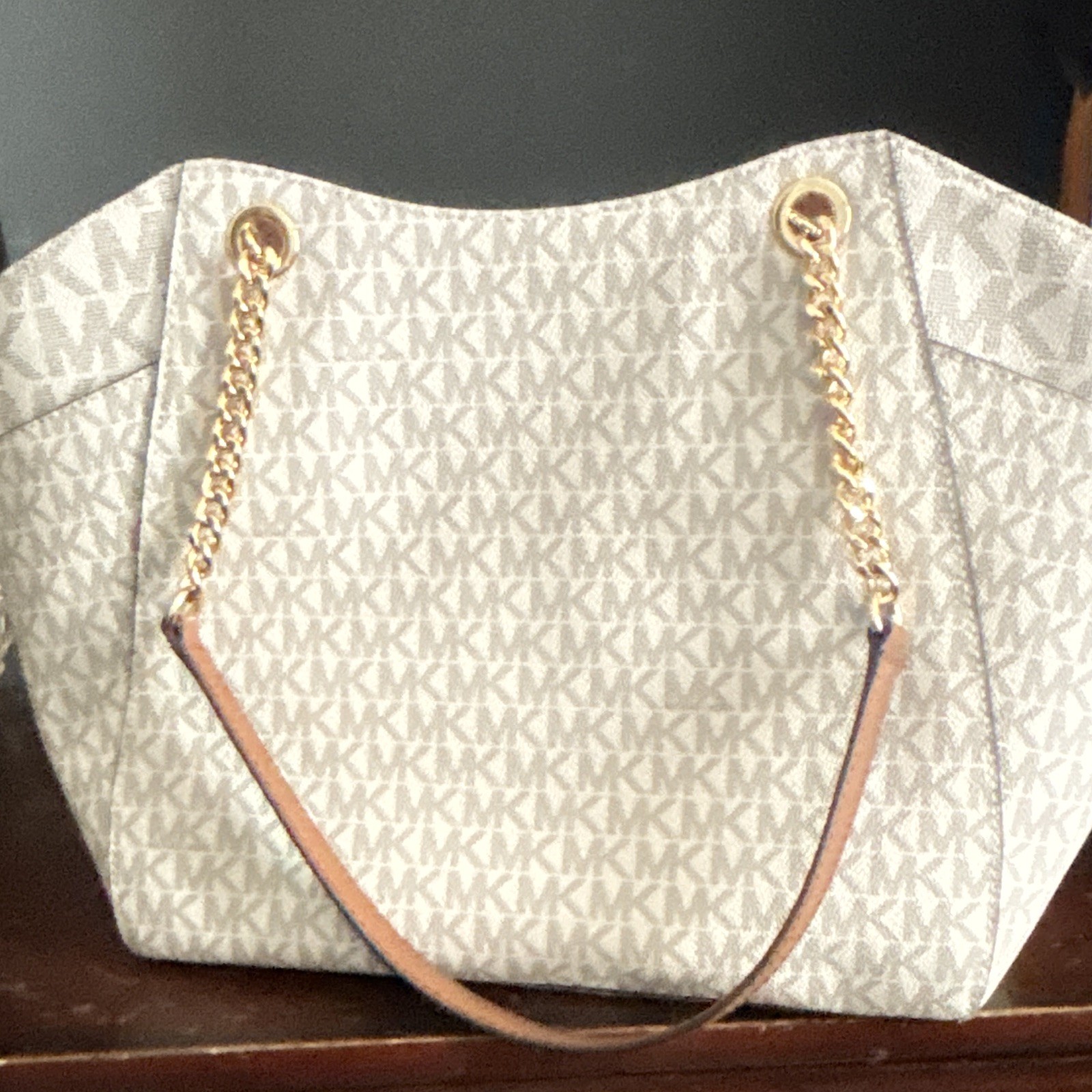 Michael Kors Jet Set Large Logo Tote Zip Beige Brown Gold Chain Detach Strap