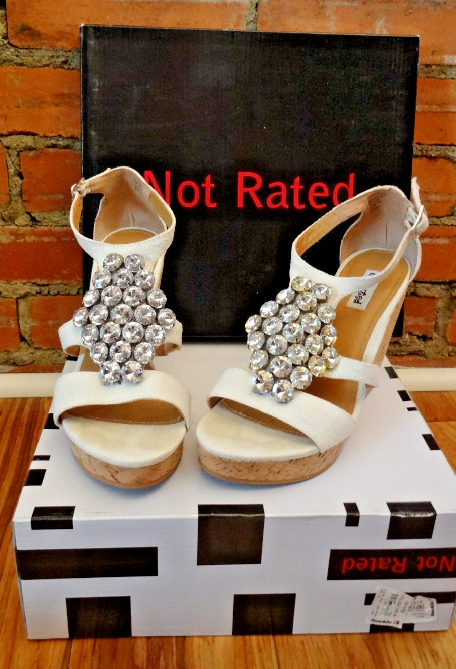 Not Rated Treasure Chest Cream Rhinestone Wedge Sandals 6.5M w Box