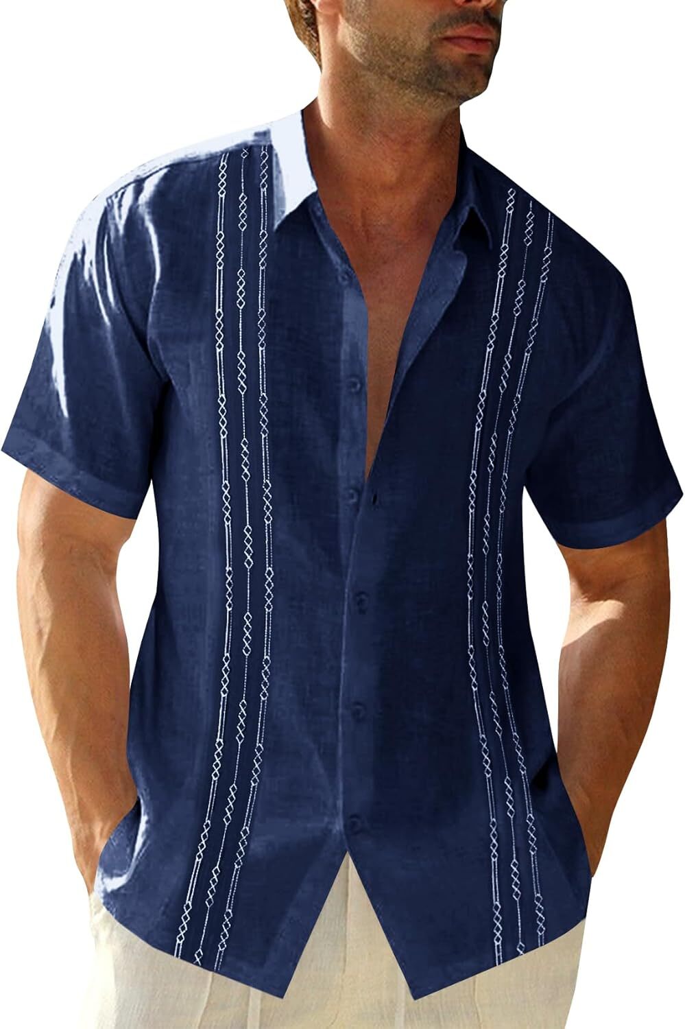 Mens Guayabera Shirt Linen Cotton Embroidered Short Sleeve Cuban Wedding Beach