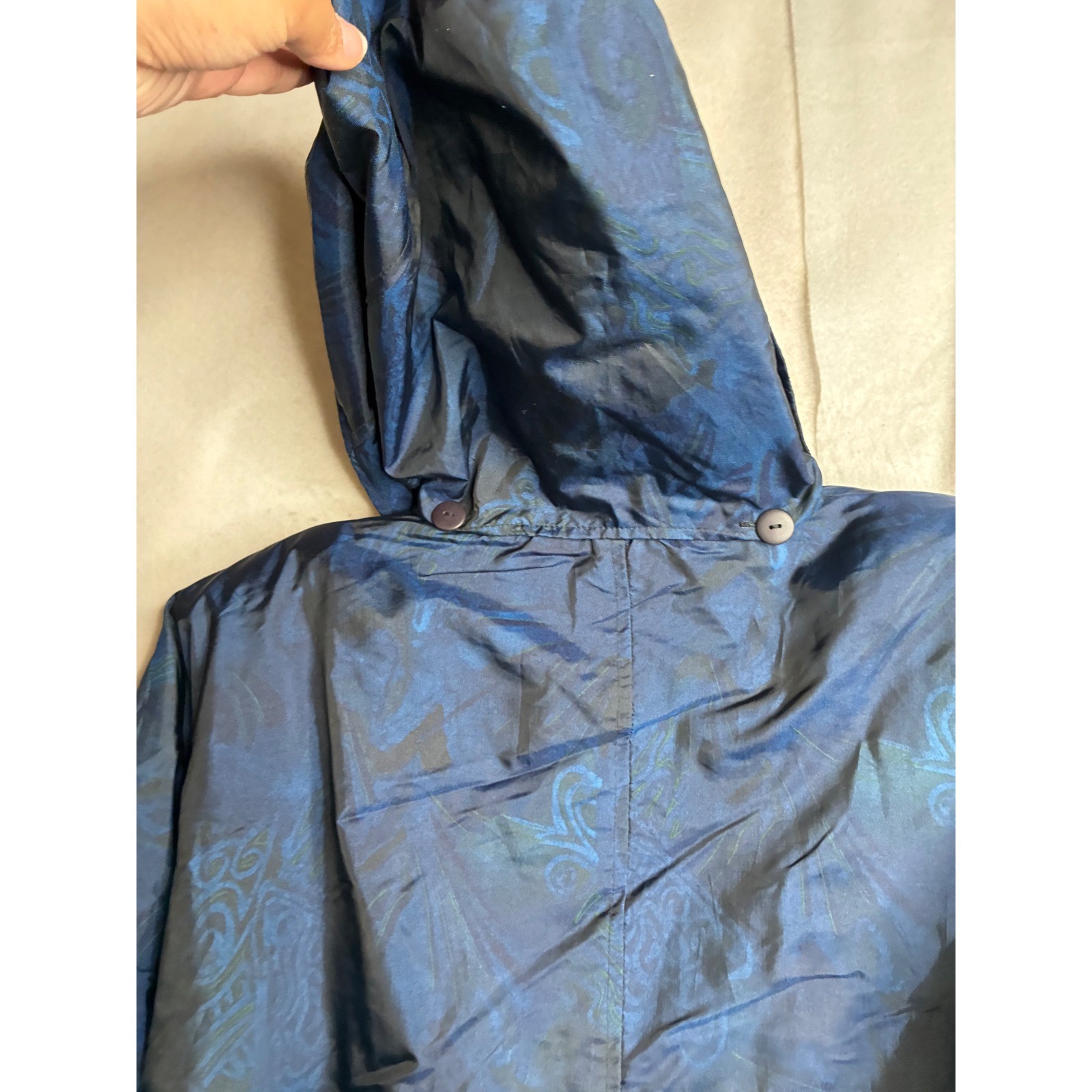 Monica Gray Vintage Blue Paisley Iridescent Hooded Parka Jacket Womens Medium