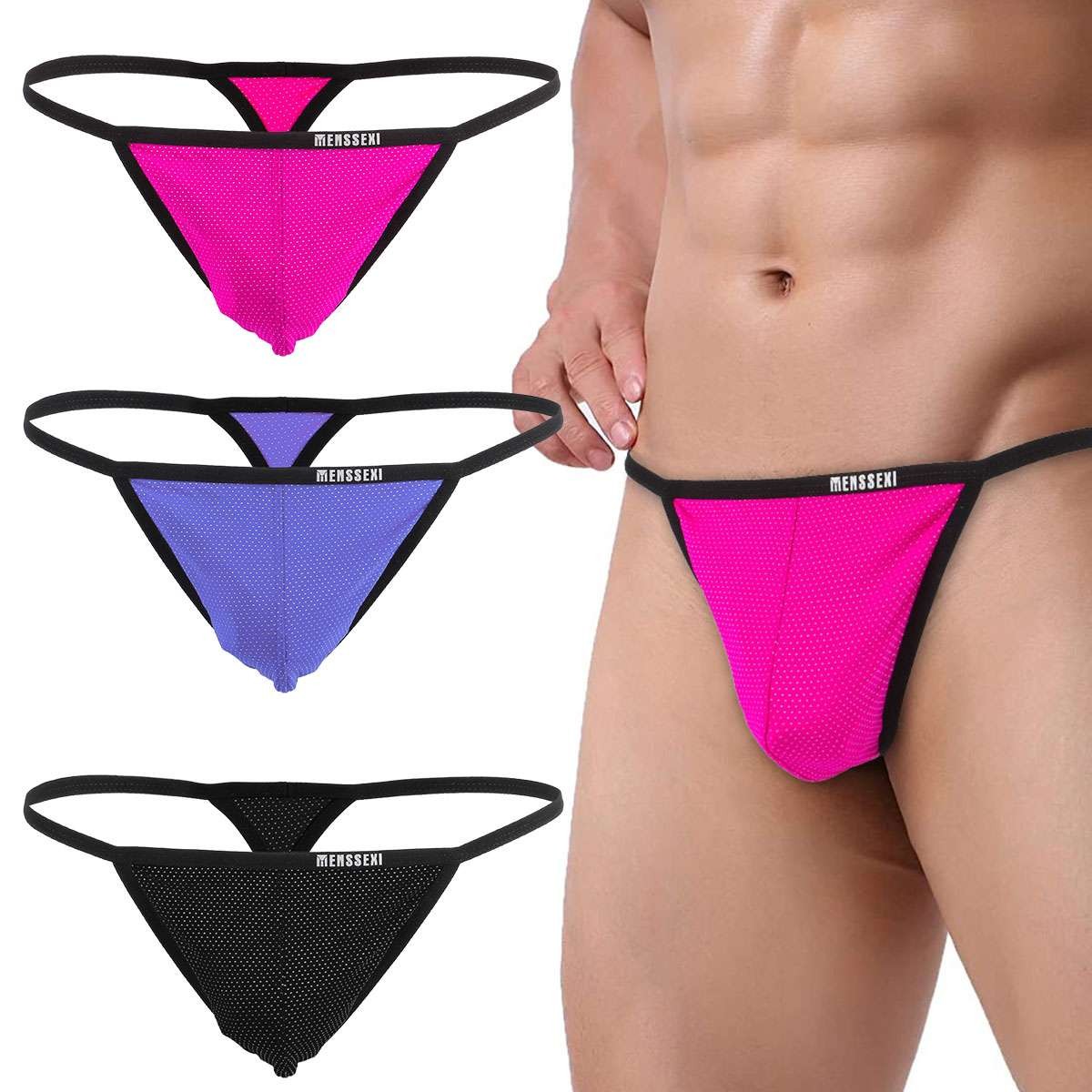1-3PCS Mens Sexy T-Back G-string Thong Bikini Underwear Mesh Sheer Pouch Thongs