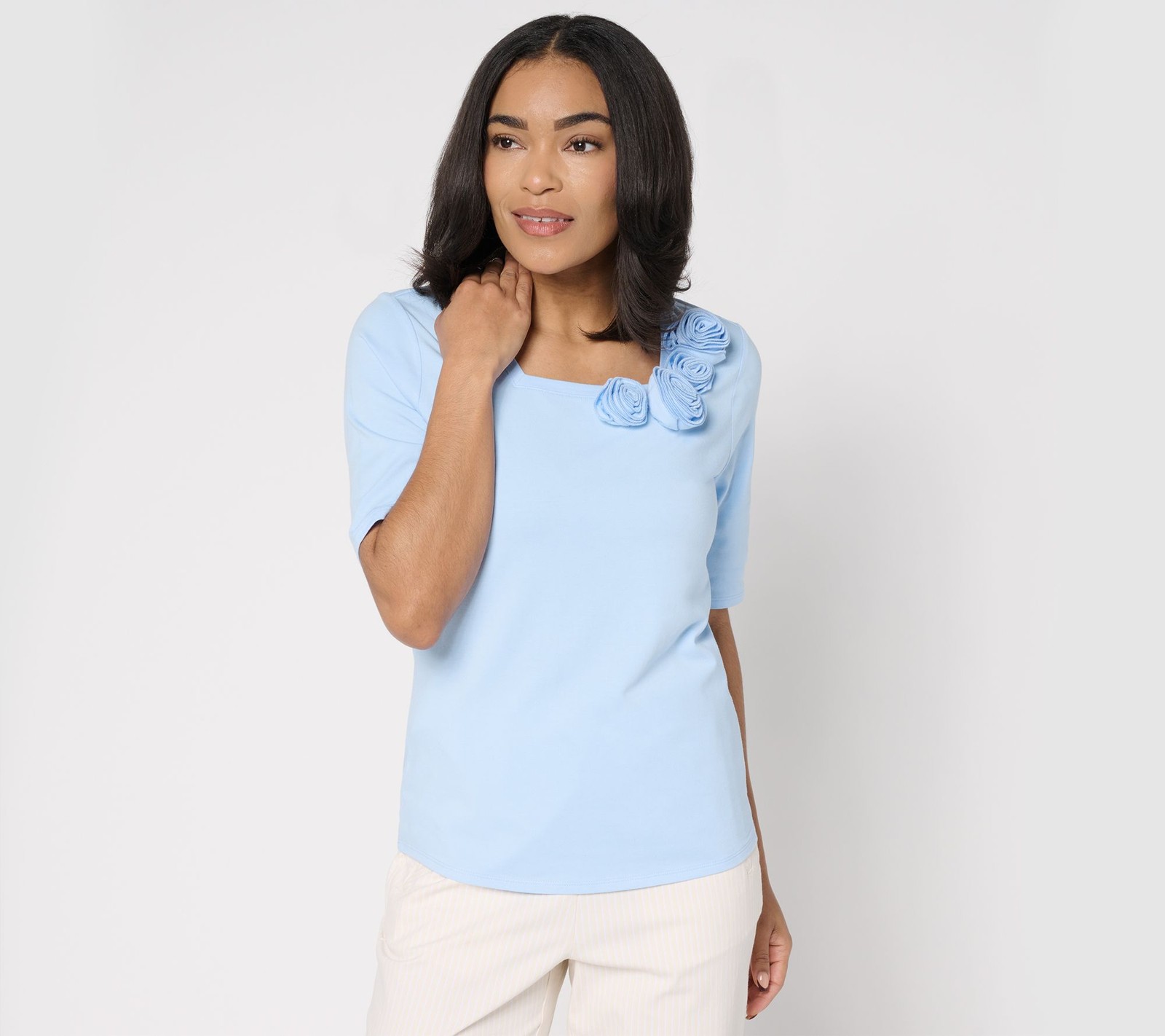BEAUTIFUL by Lawrence Zarian Rosette Detail Elbow Sleeve Top Tranquil Blue M New