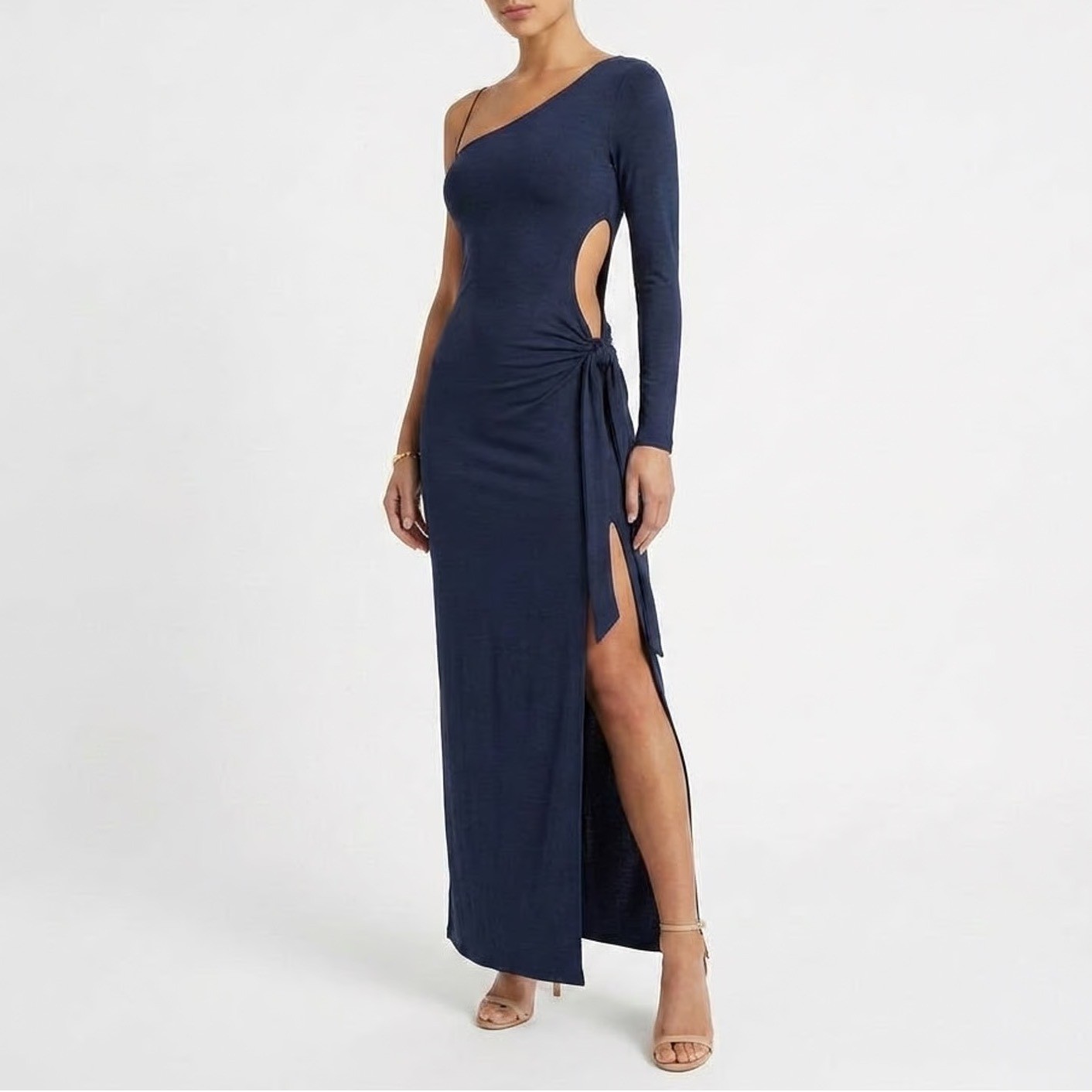 Naked Wardrobe Navy Blue One Shoulder Maxi Dress Small Side Slit Tie
