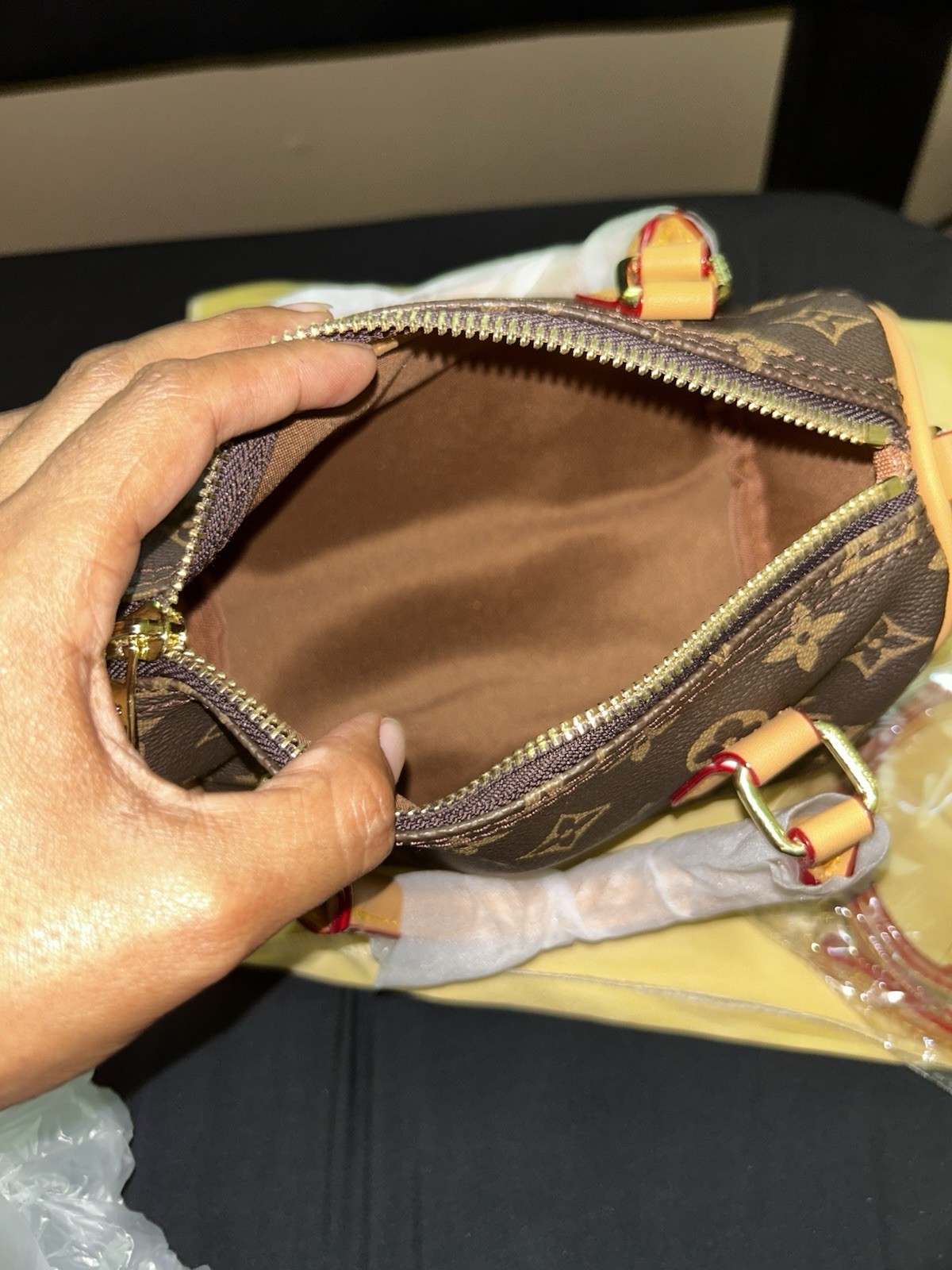 Monogram Top Handle Bag Zip w/ Detachable Adjustable Strap Brown