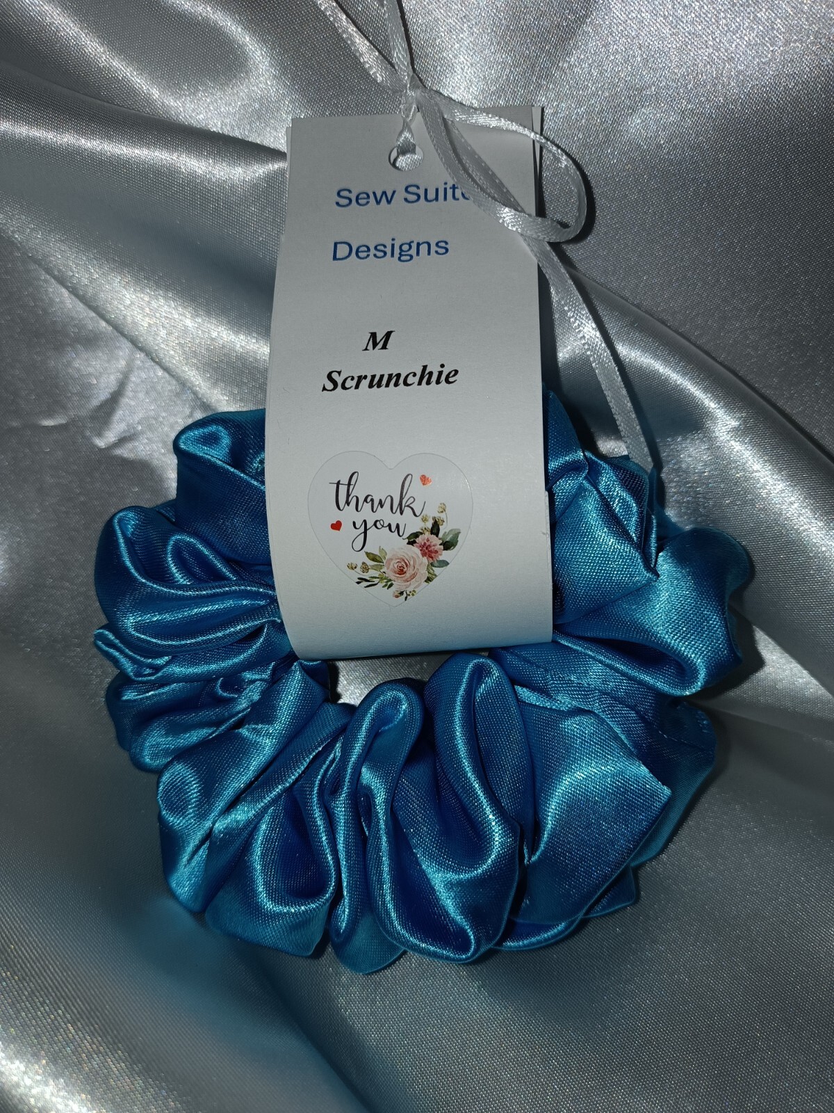 Handmade Women’s Scrunchies size M Caribbean Blue Satin Fabric New