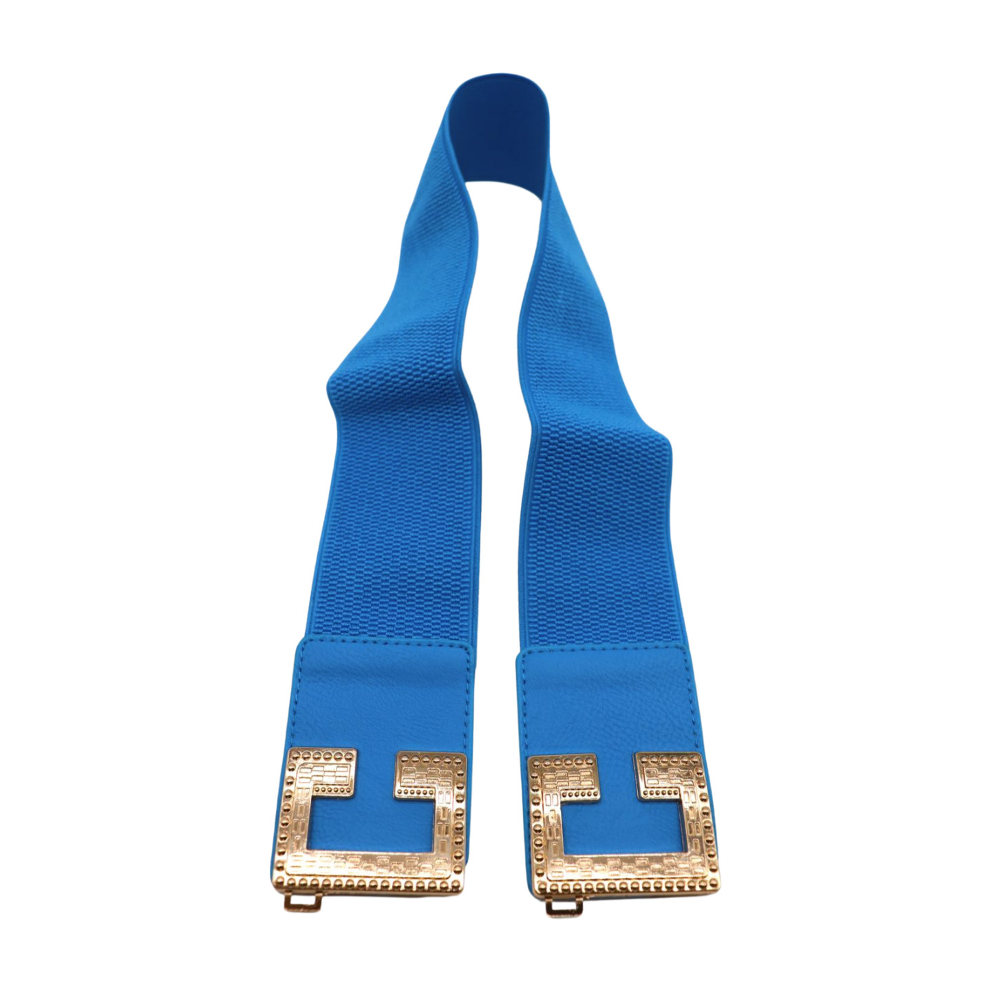 Women Blue Elastic Wide Fashion Belt Hip High Waist Gold Metal C Buckle Size S M