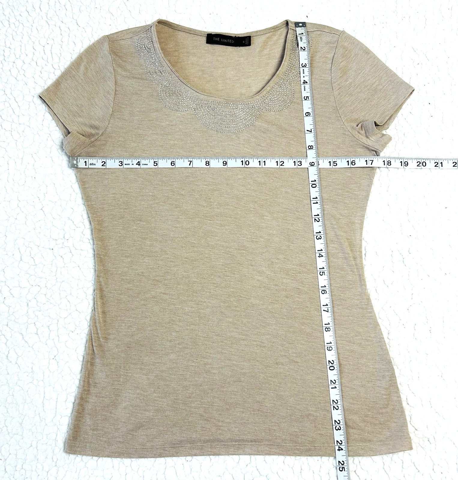 The Limited Top Womens S Tan Cap Sleeve Embroidered Crew Neck Stretch Shirt