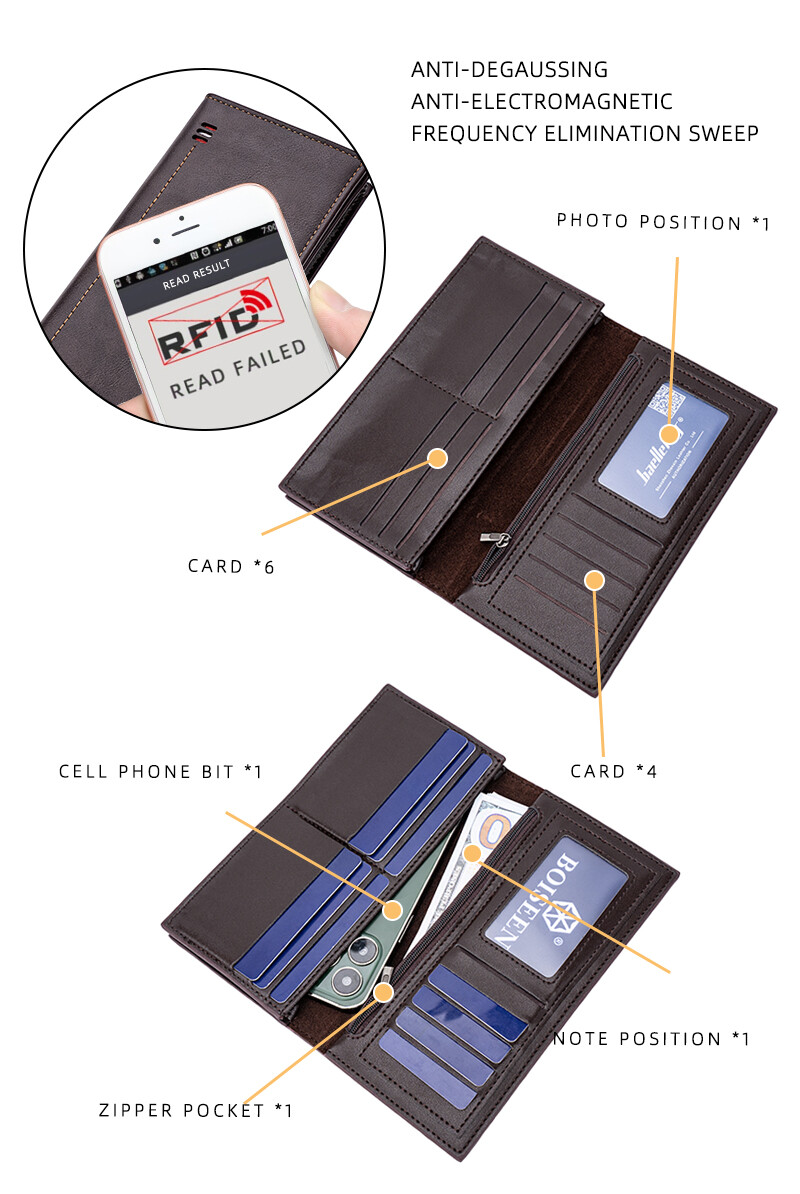RFID Blocking Men Long Bifold Wallet Money Clip Leather Purse Multi-Card Holder