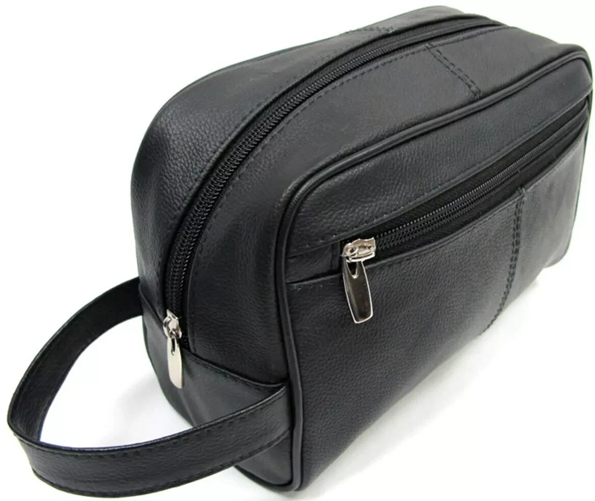 Quality Genuine Cow Leather Men’s Shaving Toiletry and Travel Bag 3 Zipper Black