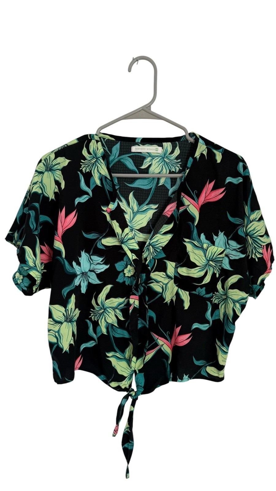 Tamara Black Floral V-Neck Short Sleeve Button Tie-Front Blouse Maternity M