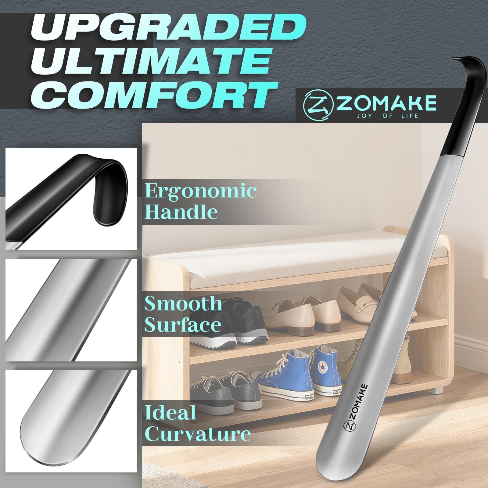 ZOMAKE 16.5″ Long Handle Shoe Horn Stainless Steel Metal Boot Spoon Men Women