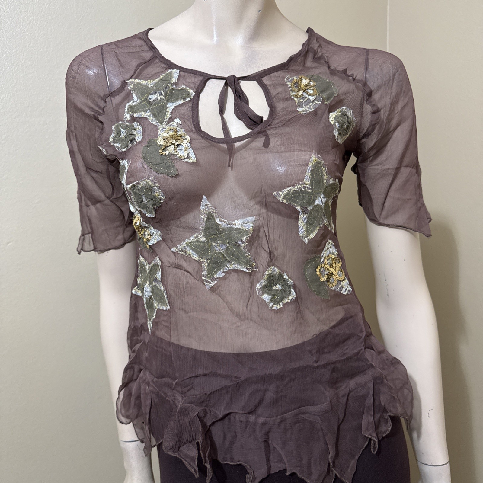 Women’s Brown Silk Casual Summer Sheer Beaded Embroidered Lace Size S Blouse Top