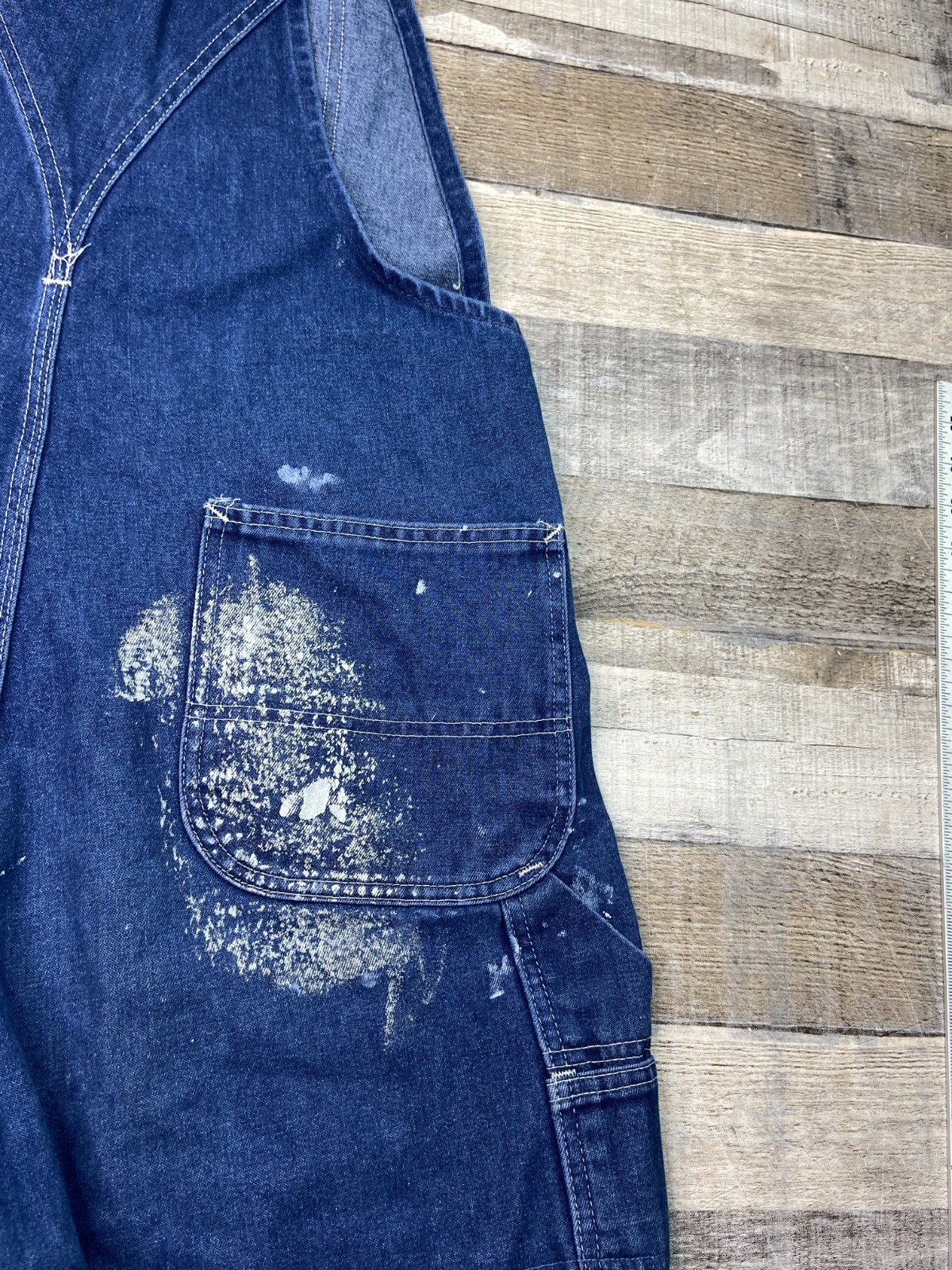 Vintage Sears Denim Jean Overalls Cut Off Shortalls Womens L Carpenter Paint 90s