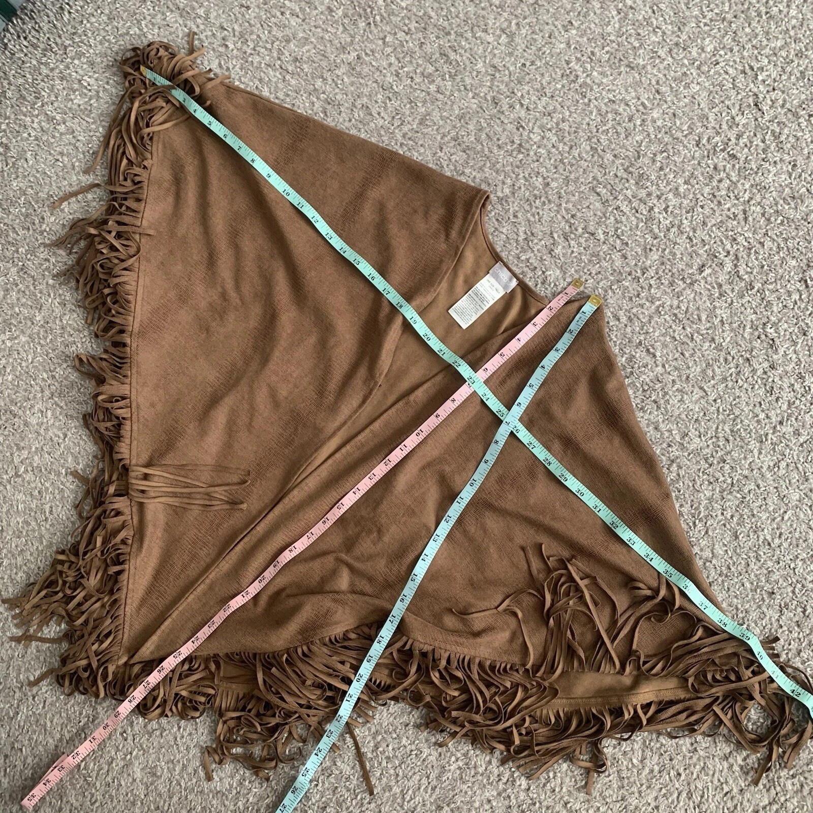 Chico’s Brown Fringe Poncho Shawl One Size Western Boho Faux Suede Wrap
