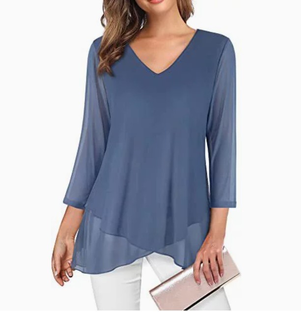 Women’s Asymmetrical Hem Mesh Blouse 3/4 Sleeve V Neck Tunic