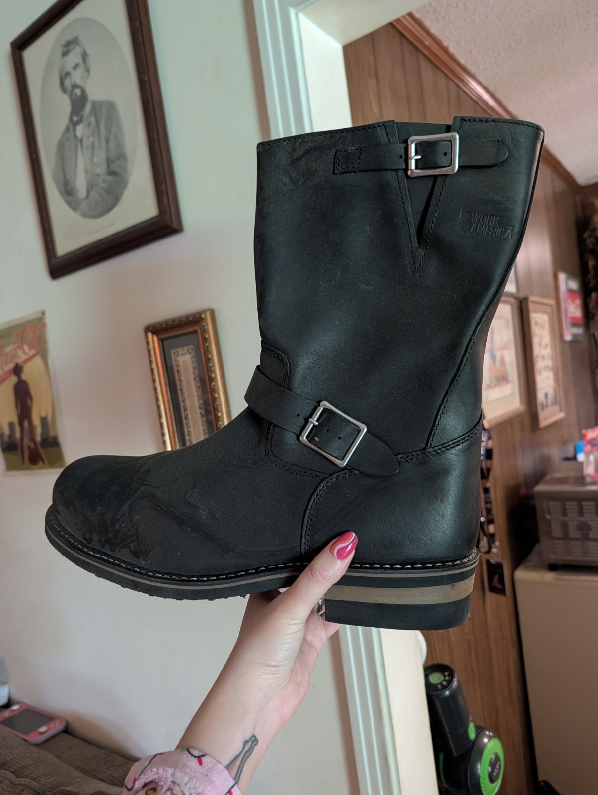 Mason Shoe Men’s Black Leather Engineer Boots Size 15 Buckle Oil Resistant