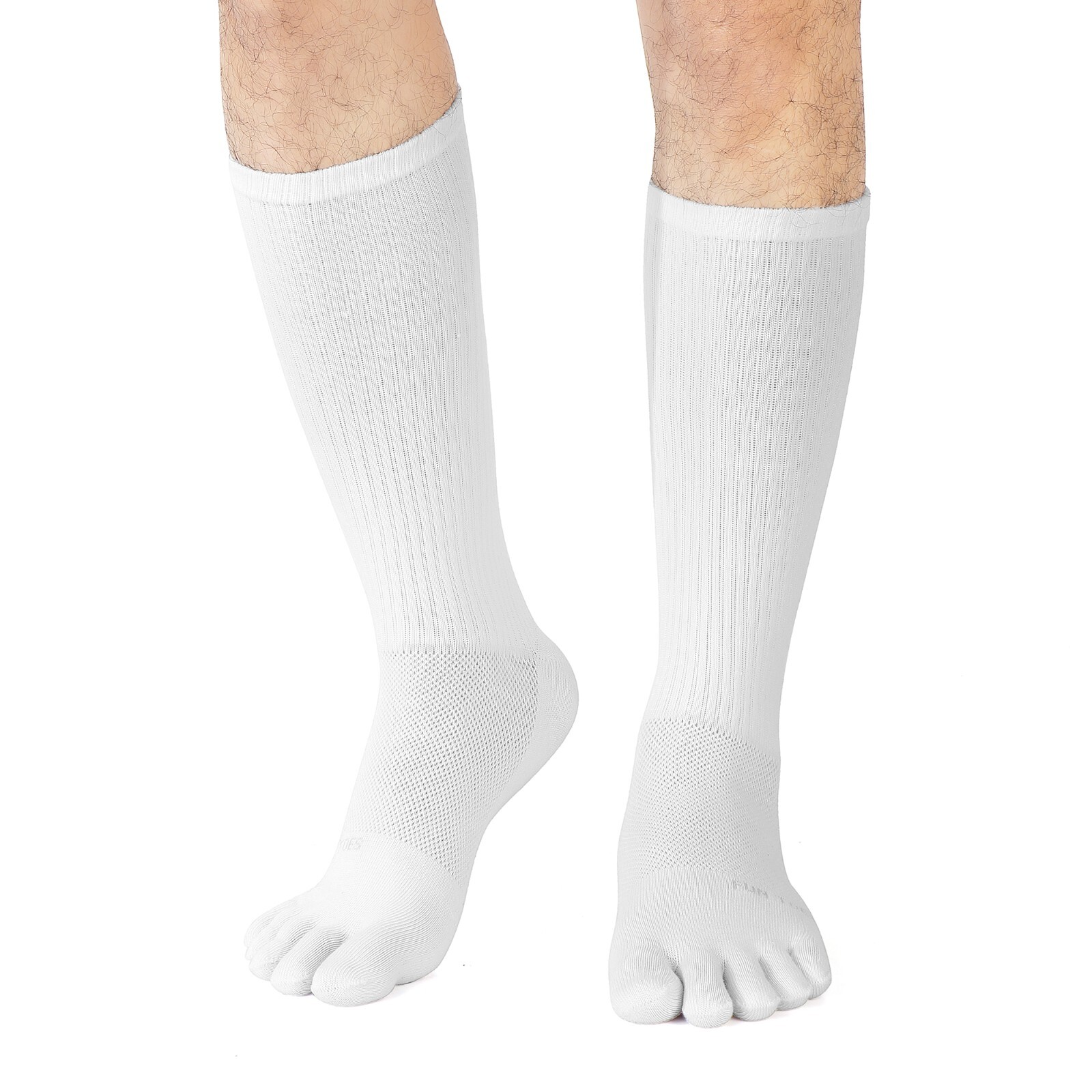 FUN TOES Men Crew Toe Socks Athletic Running Proper Toe Alignment 6 PAIRS White