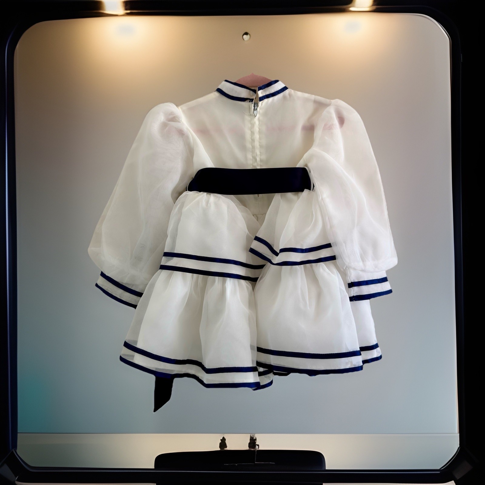 Christian Dior Girls 2T A-Line Dress White Navy Organza Puff Sleeve Bow Pleated