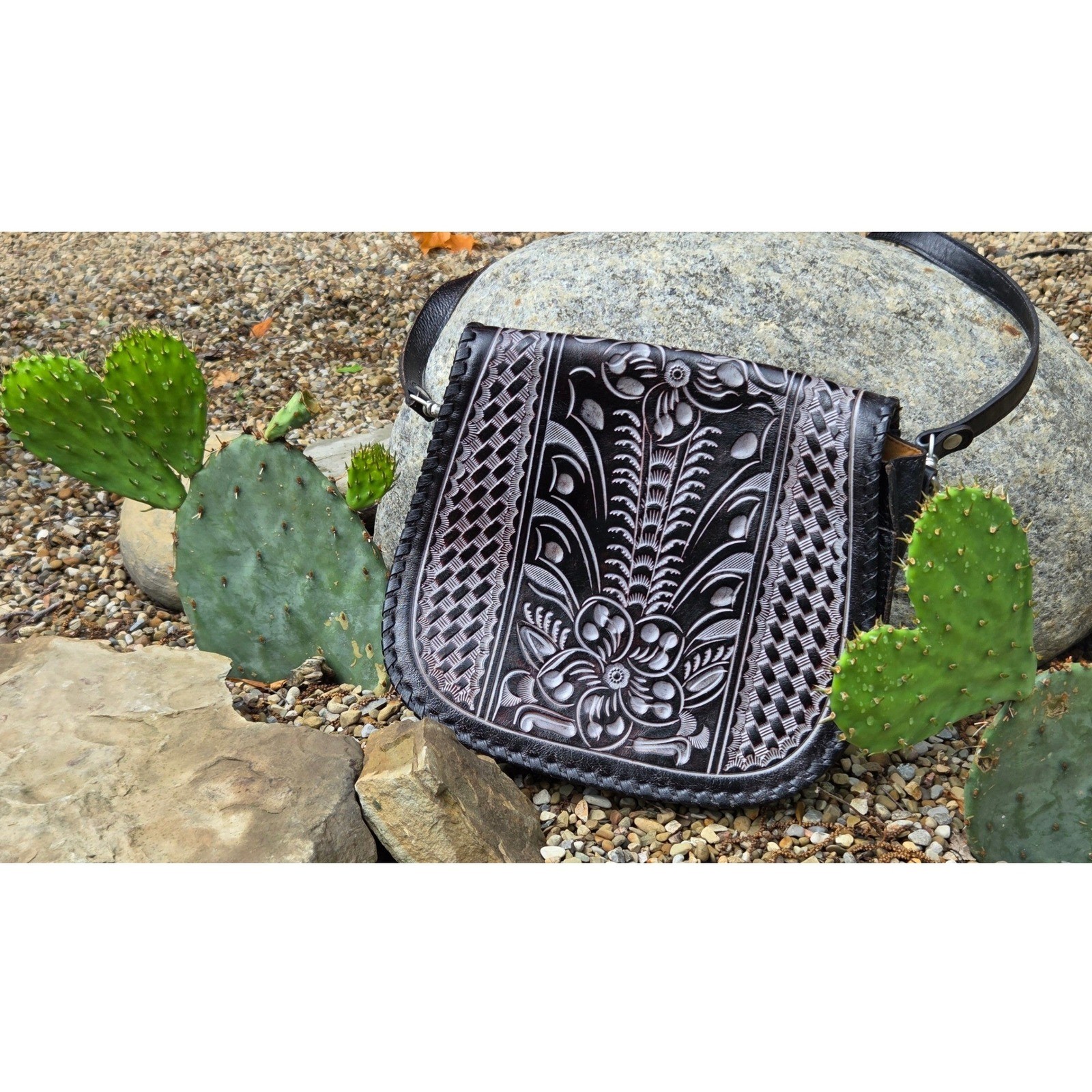 Patricia Nash Leather Crossbody Saddle Bag Embossed Silver Floral Boho Western