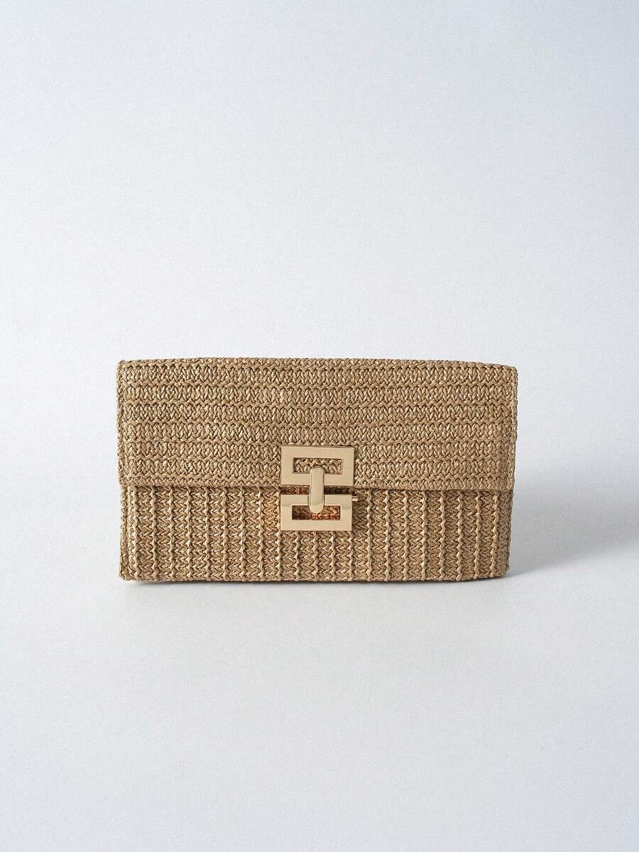 Woven Straw Flap Clutch Bag Medium Turn-Lock Chain Shoulder Purse Vacation