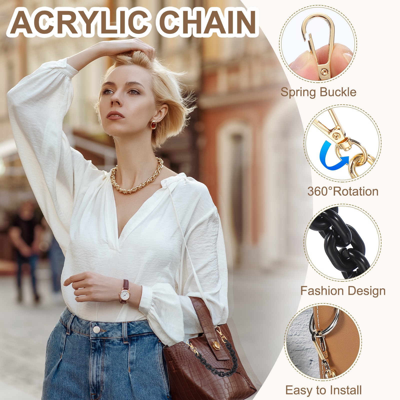 24″ Acrylic Chain Purse Strap Replacement Luxury Handbag Strap Transparent/Brown