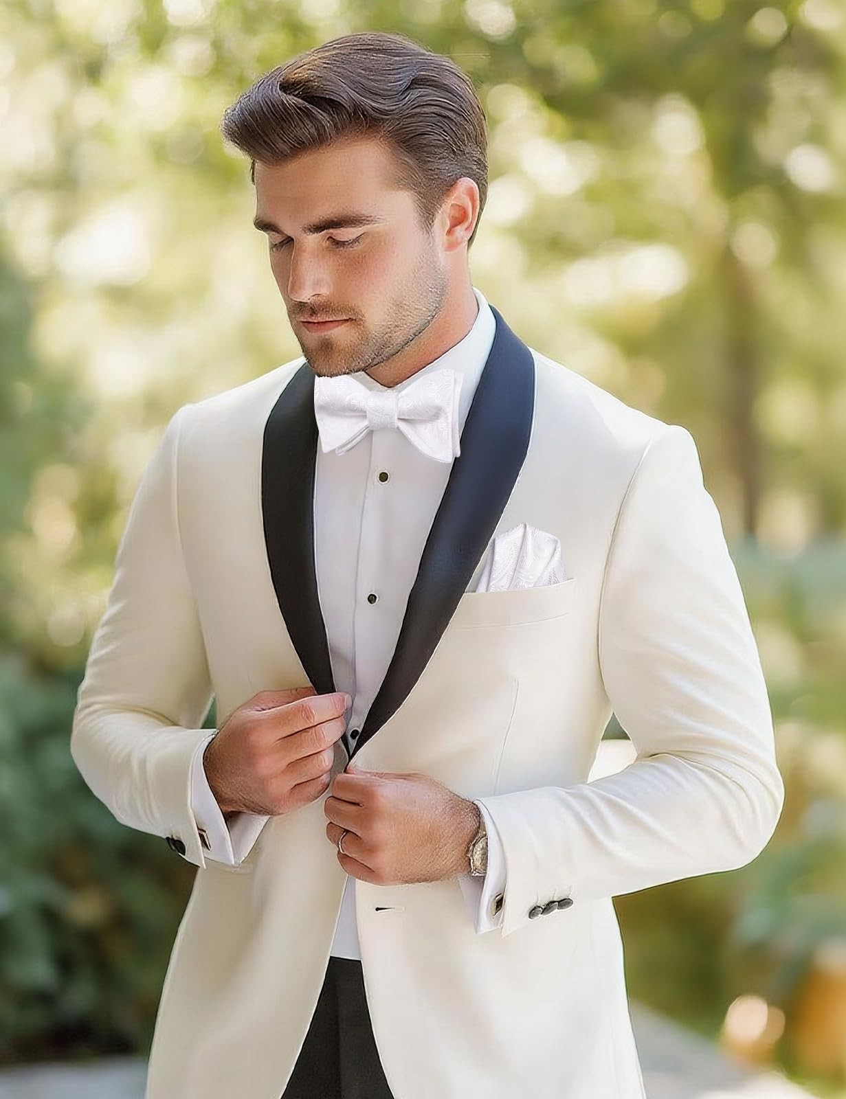 Men’s White Bow Tie Set 3 PCS Silk Self Tie Adjustable Bowtie Handkerchief Po