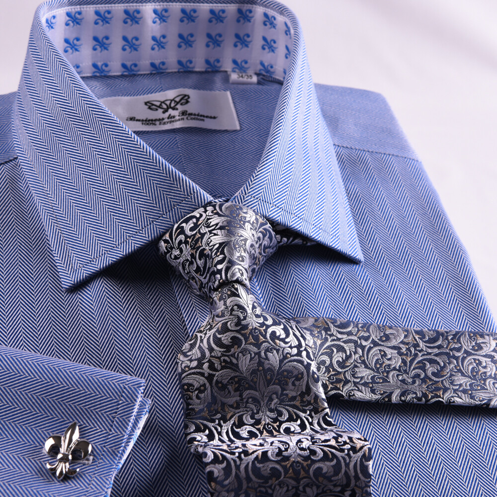Limited Quatanty Mens Blue Formal Herringbone Business Dress Shirt French Cuffs