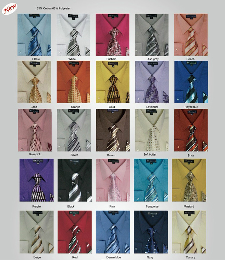 Men’s Dress Shirt + Matching Tie + Handkerchief Set 25 Unique Colors Size 15~20