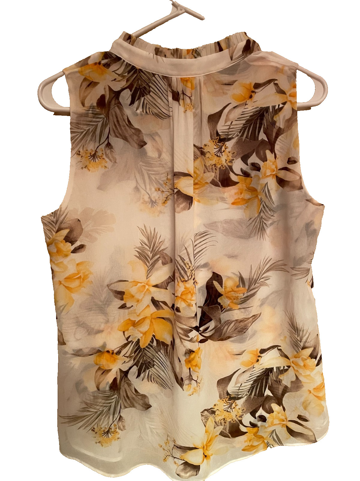 WHBM Off-White, Yellow/Gld & Brn Sleeveless Sheer Lined Top V-Neck Top Sz S EUC