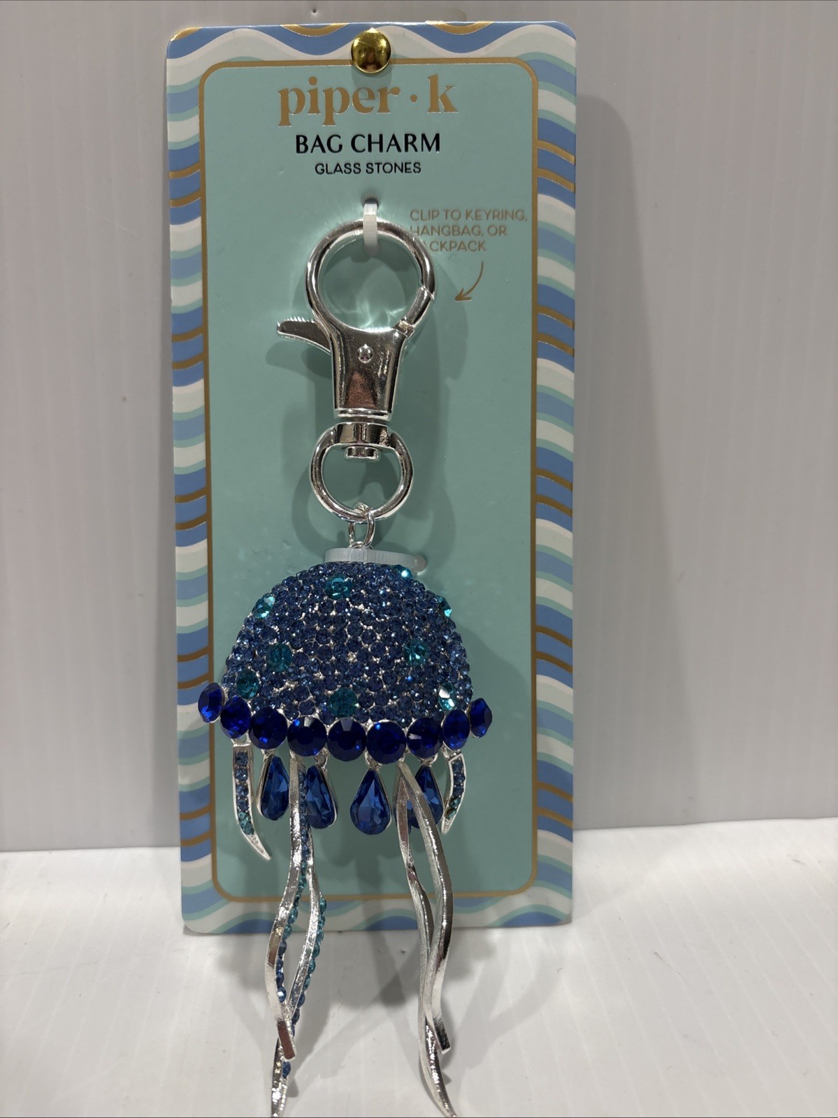 💙NWT Piper K Blue Rhinestone Jelly Fish Bag Charm / Keychain Blue Crystal