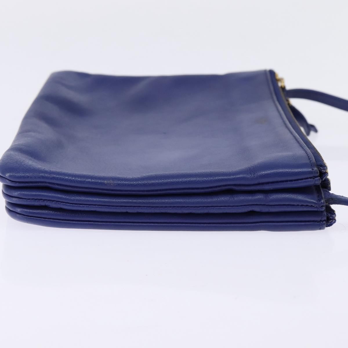 CELINE Trio large Shoulder Bag Leather Blue Gold Auth BA7048