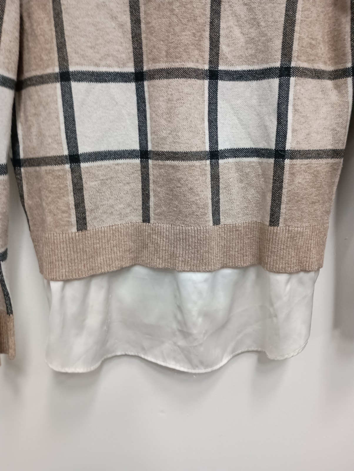 Rachel Zoe Twofer Sweater Womens Large Beige White Plaid Preppy Office Pullover