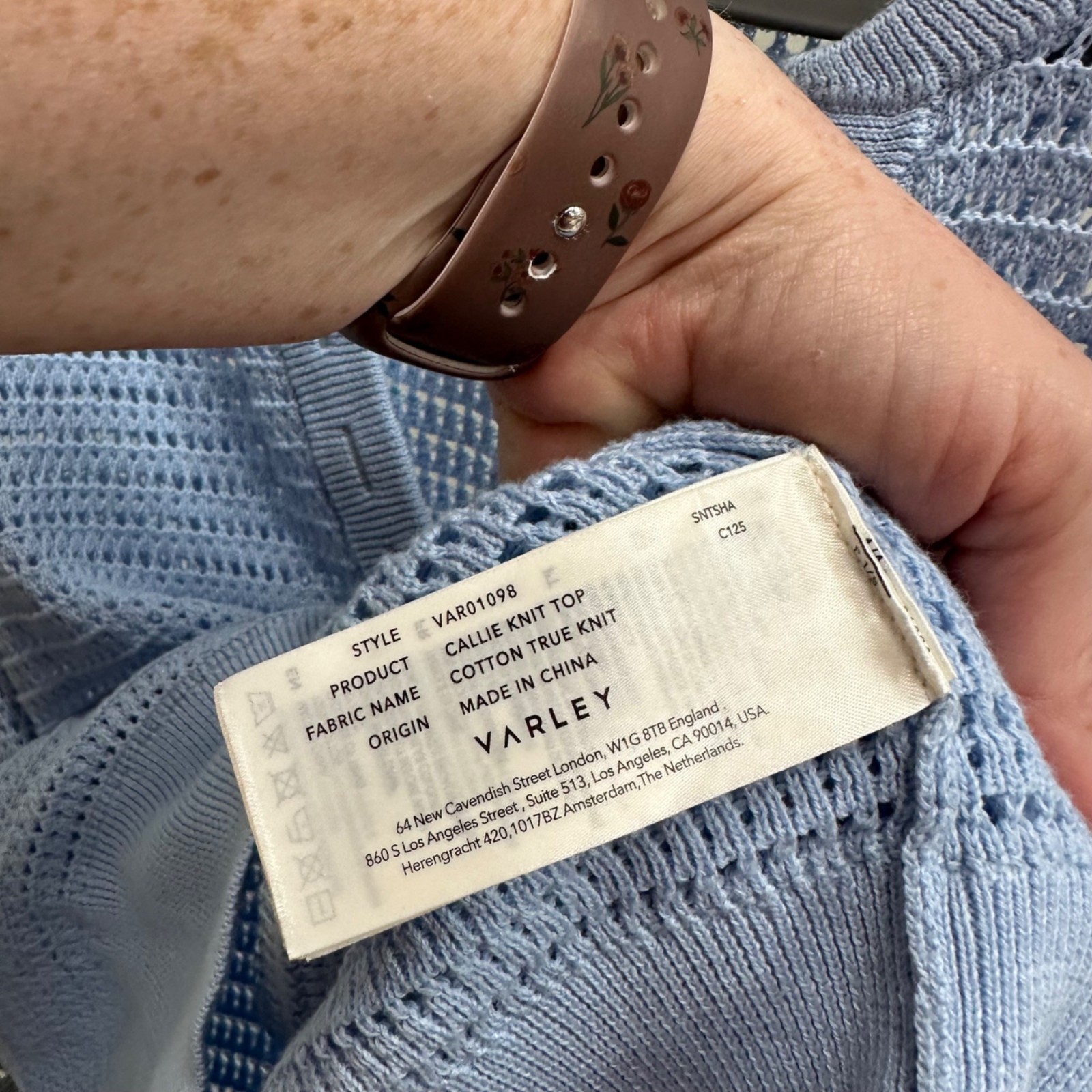 Varley Blue Callie Open Knit Cotton Short Sleeve Sweater Shirt Womens Size XL
