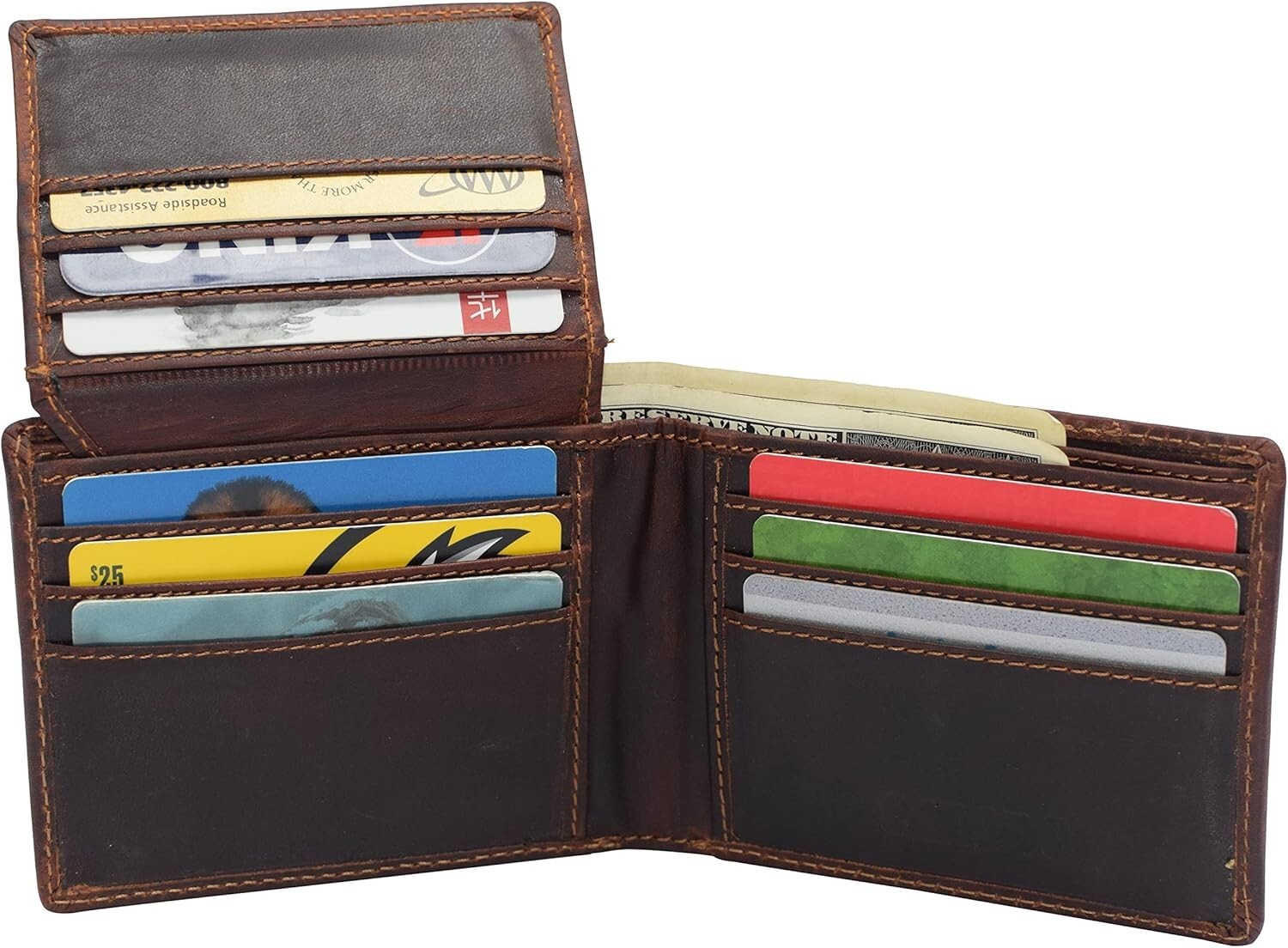 Men RFID Blocking Full Grain Crazy Horse Leather Men’s Bifold Center Flap Wallet