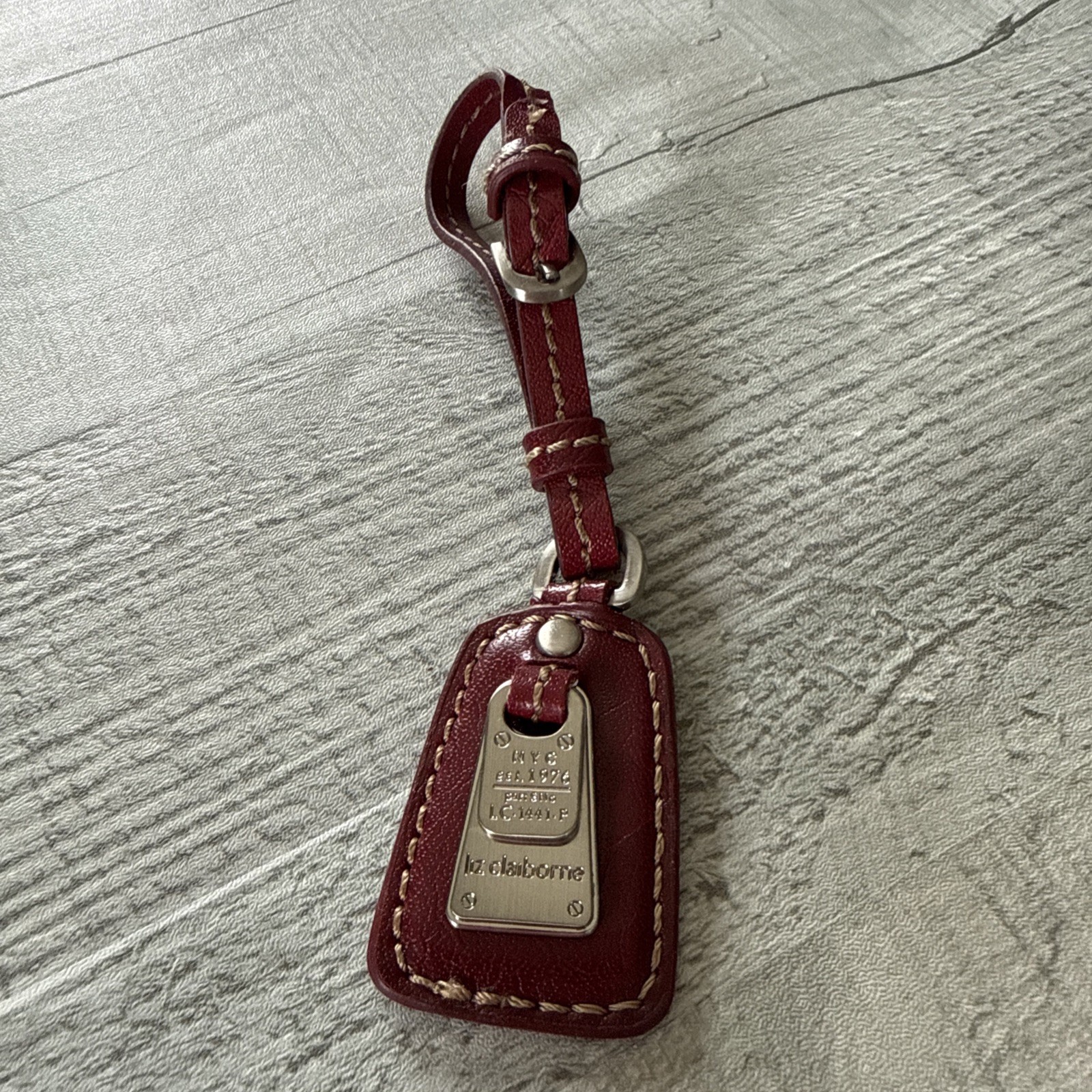 LIZ CLAIBORNE Vintage Red Leather Strap Buckle Fob Bag Charm Keychain Hang Tag