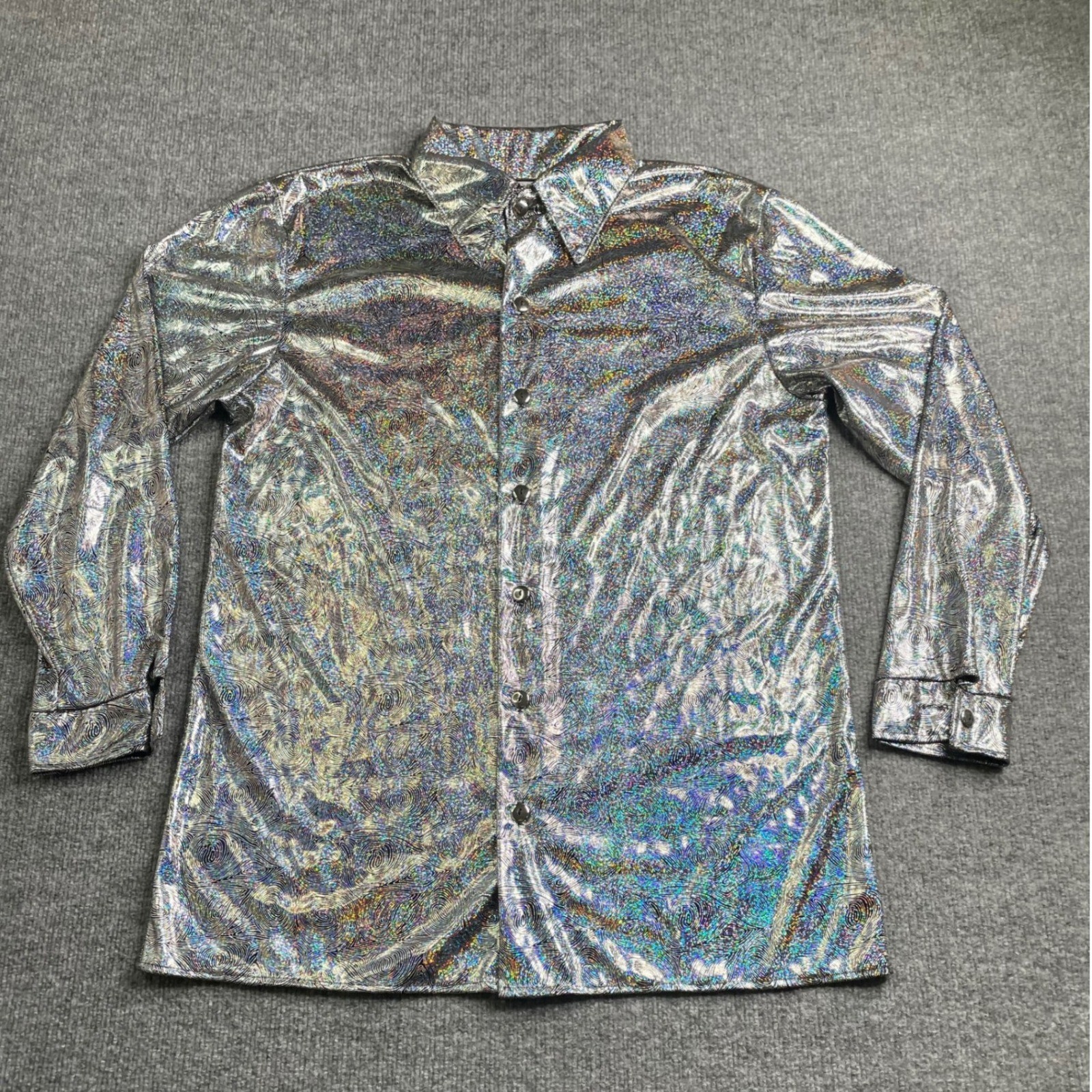Charades Disco Shirt Mens Small Silver Holographic Swirl Button Up 01859