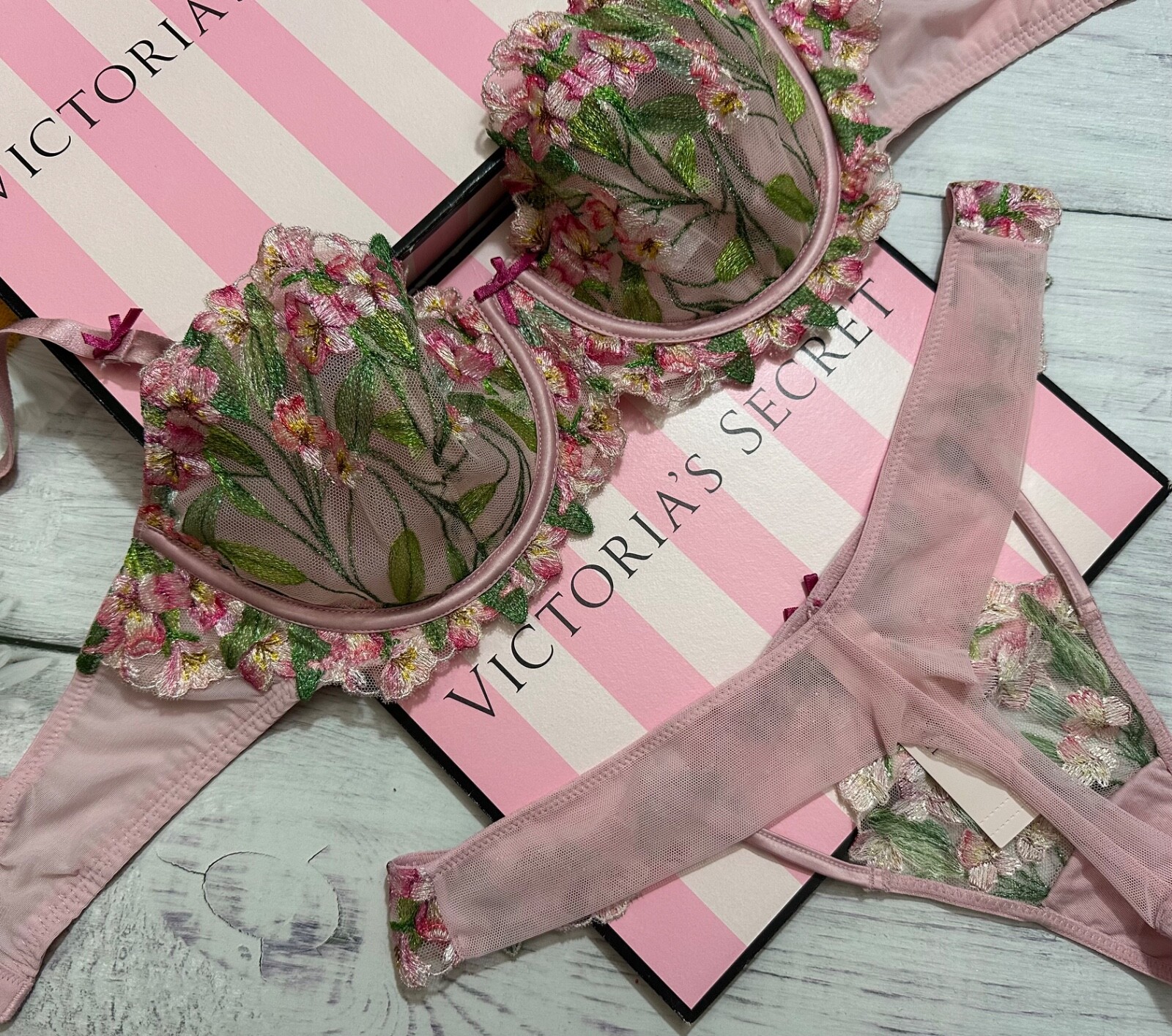 Victoria’s Secret Chalk Rose Embroidery Wicked Unlined Balconette Bra Thong Set