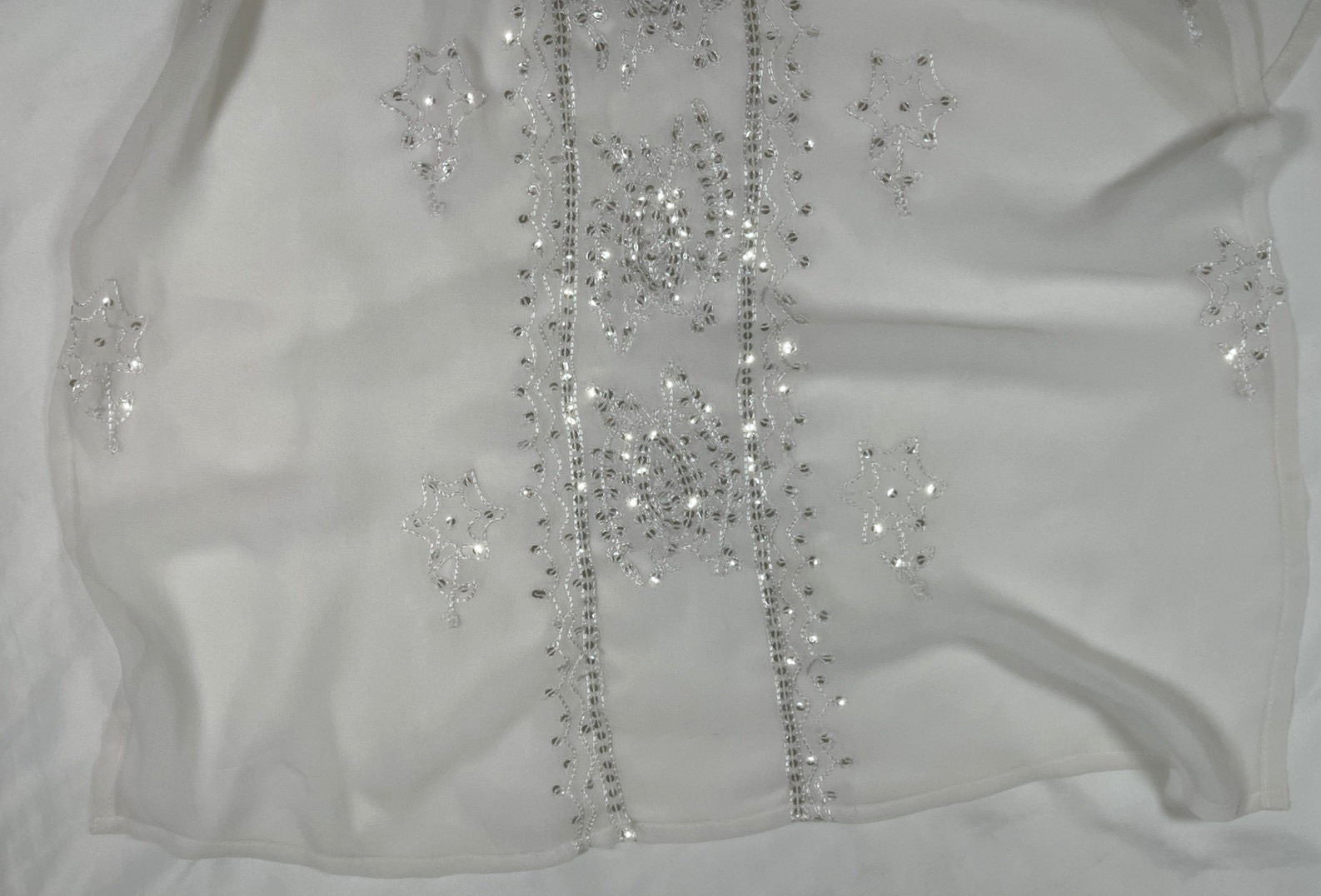Tokyo Denim Beaded Embroidered Sheer White Floral Silver Sequin Dress M Size