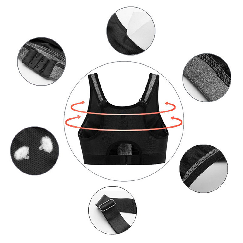 Women’s High Support Push Up Zip Front Close Padded Sports Bra Workout Plus Size