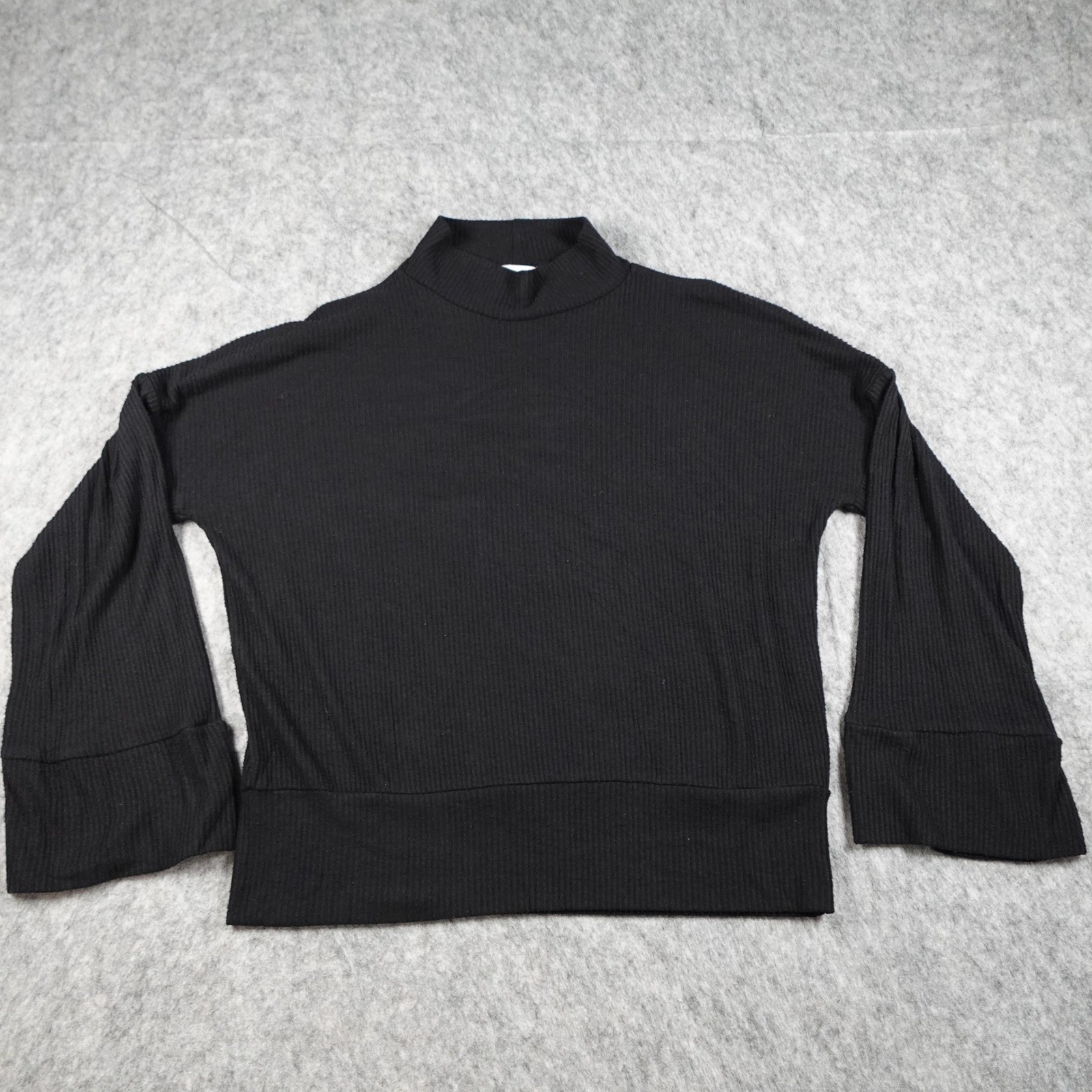 LNA Top Women Medium Black Ribbed Mock Neck Bell Sleeve Knit Blouse