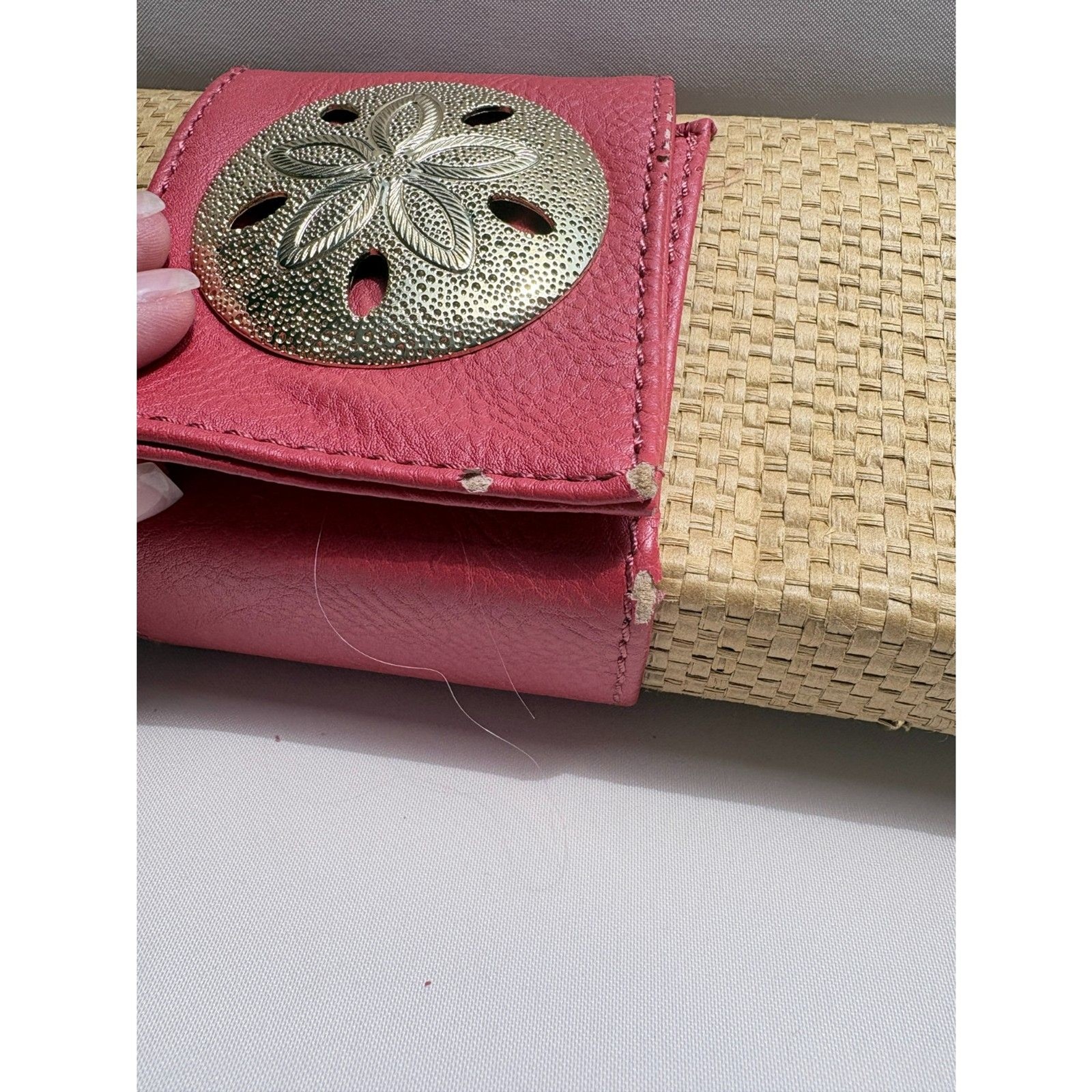 Mud Pie Woven Straw Clutch Wallet Pink Faux Leather Sand Dollar Accent