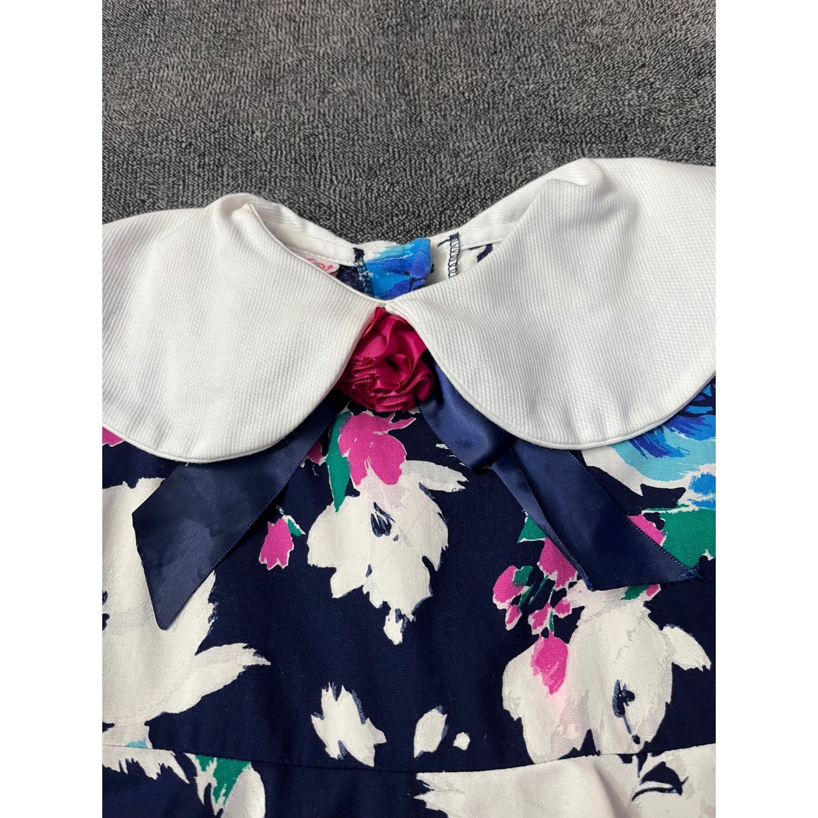 Vintage Roget Ltd Girls Navy Blue Floral Peter Pan Collar Dress Size 6