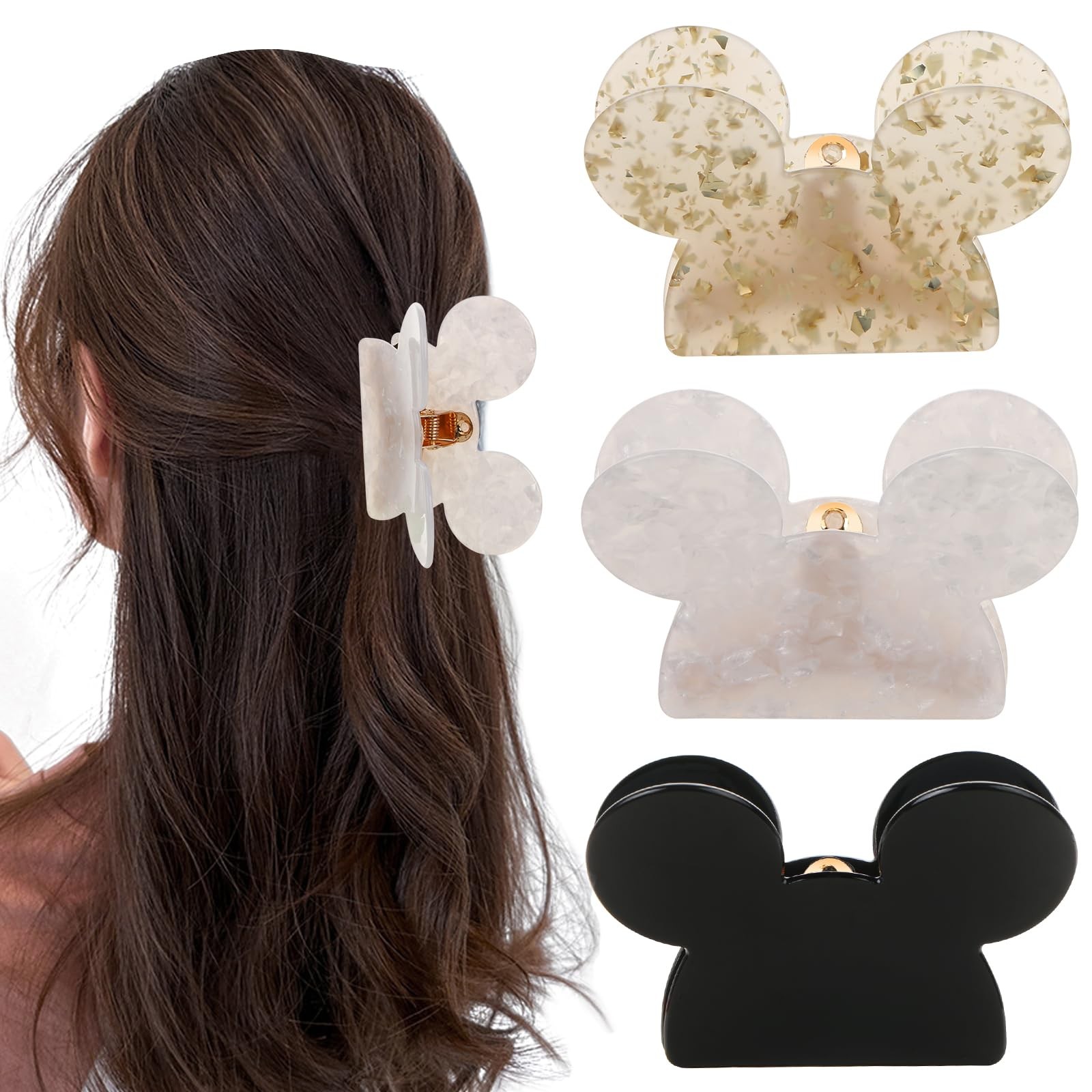 BENOSPACE 3Pcs Mouse Head Hair Claw Clips Acrylic White with Black Details