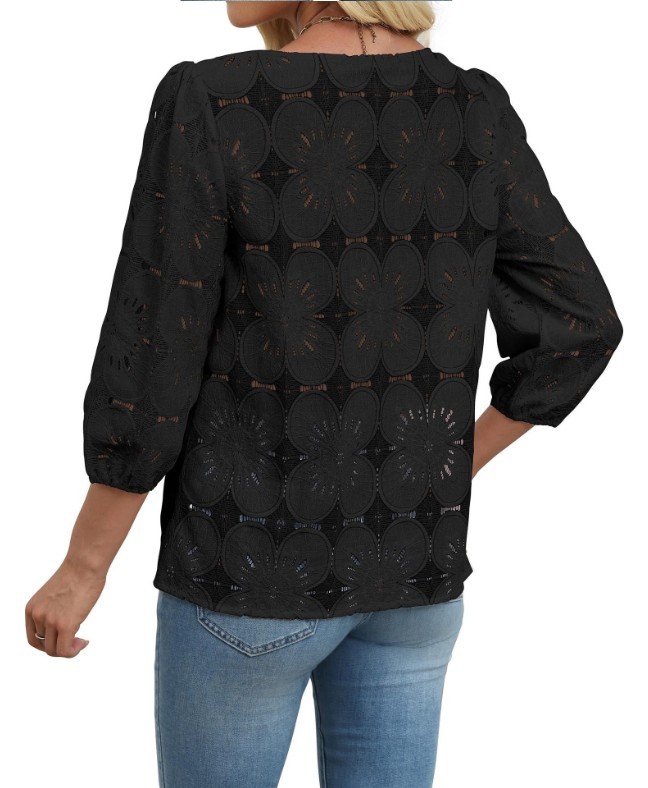 Summer Women’s Crew Neck Lace Blouse 3/4 Sleeve Hollow Out Casual Shirt