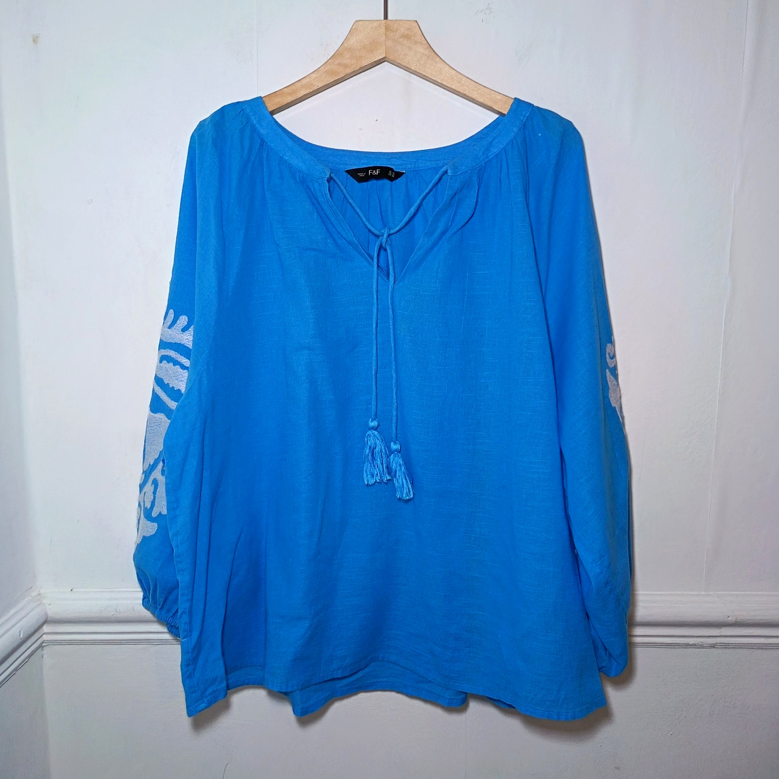 F&F Womens Top Blue Size UK 18 100% Cotton Embroidered Boho Lagenlook Tassel