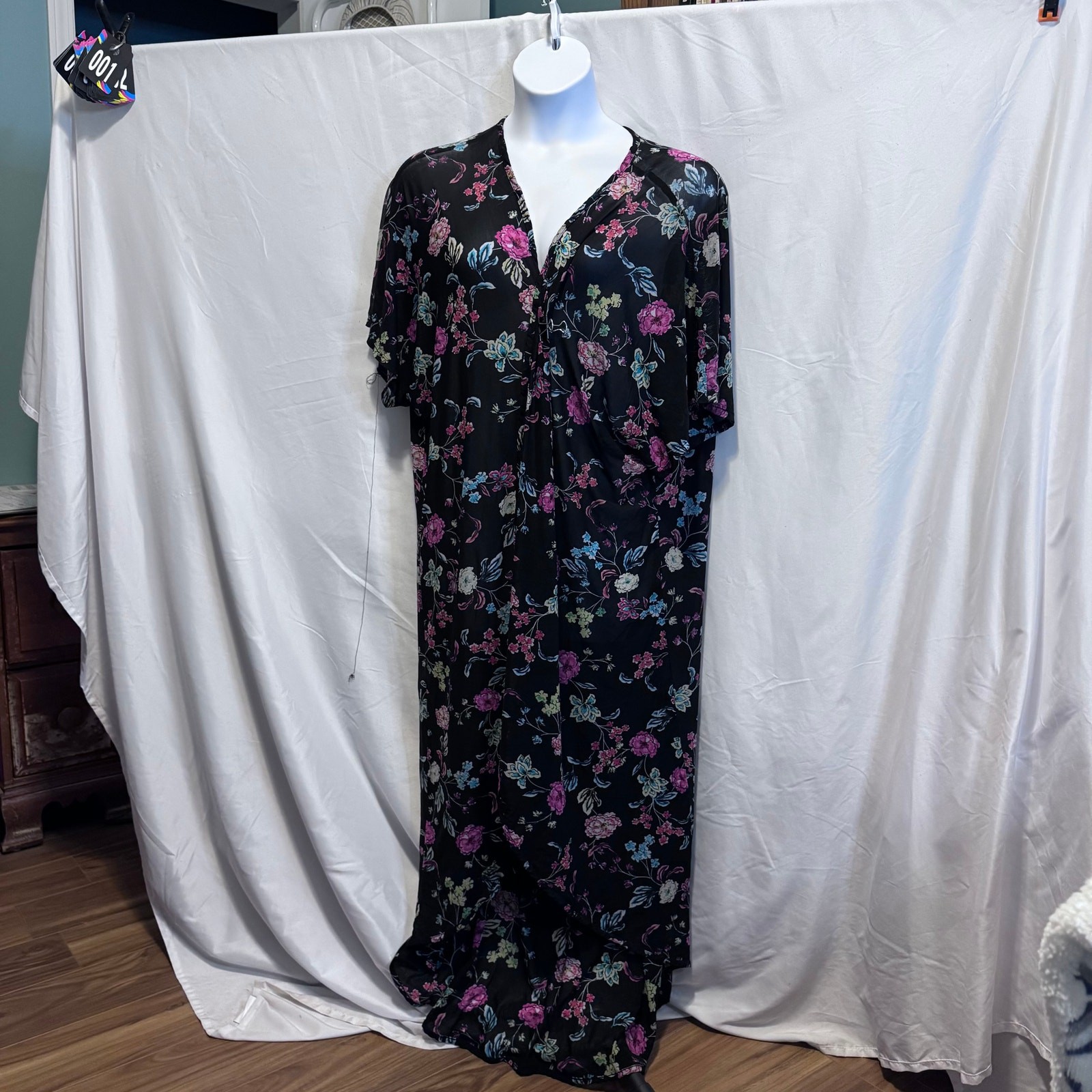 Torrid Floral Mesh Maxi Kimono Cover Up Black Pink Size 3/4 Plus Size Boho 59″