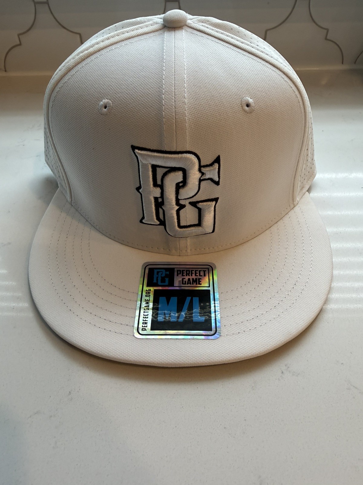 Perfect Game PG Baseball Cap White Perforated Performance Hat Size M/L Flat Brim
