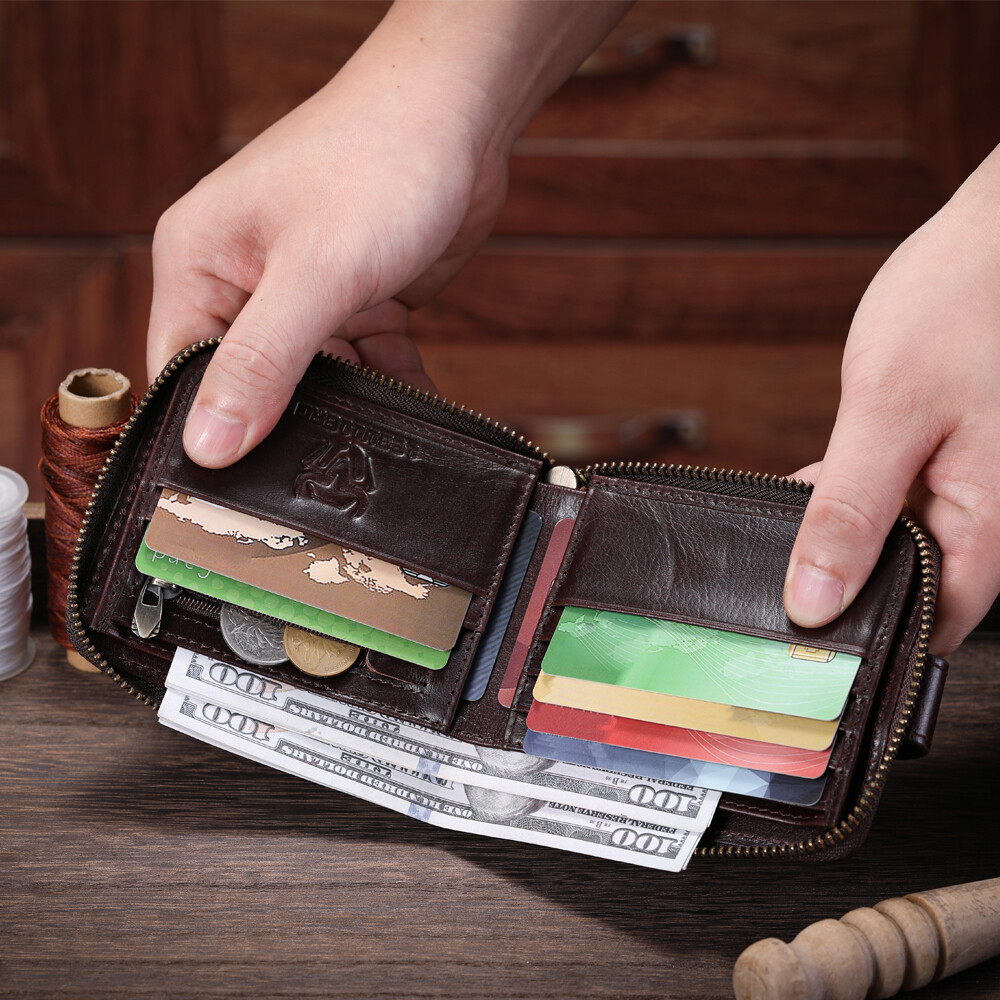 Genuine Leather Wallet Men Large Capacity ID Window Card Case Zip Coin Pocket